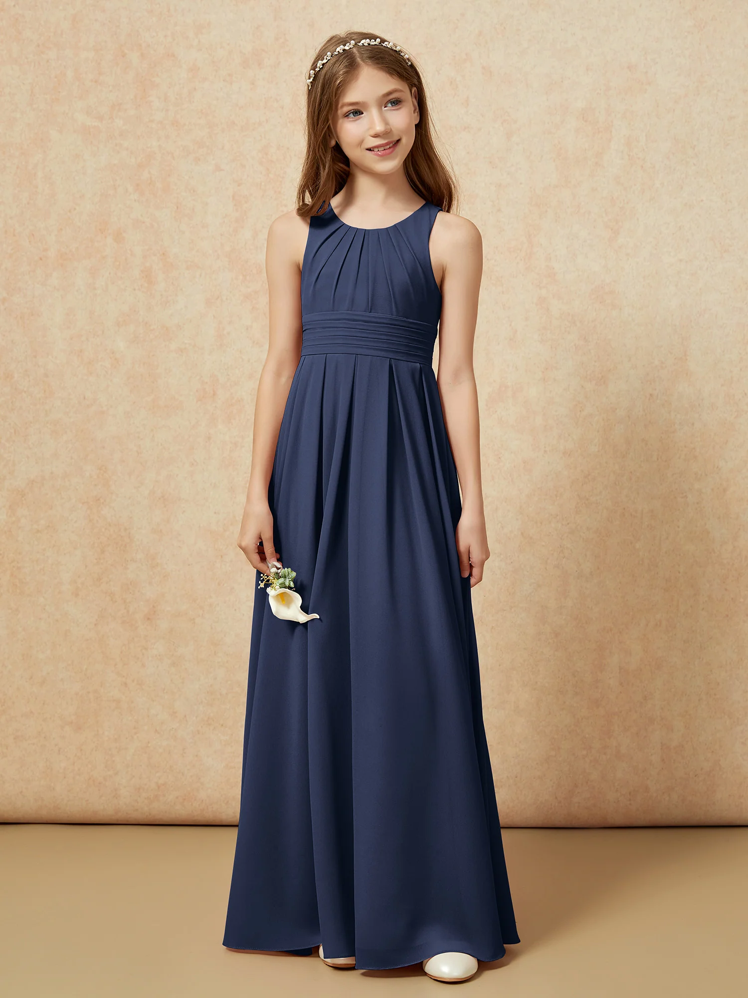 Scoop Neck Pleated Long Junior Bridesmaid Dresses Dark Navy - Image 4