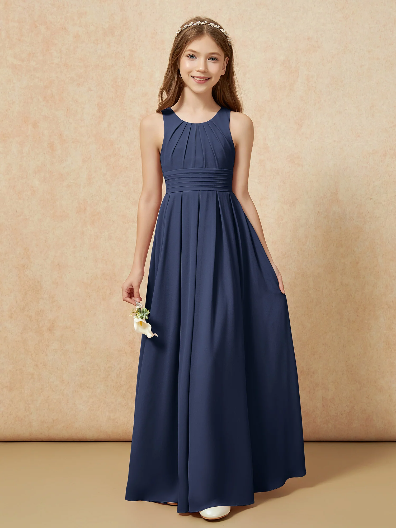Scoop Neck Pleated Long Junior Bridesmaid Dresses Dark Navy - Image 5