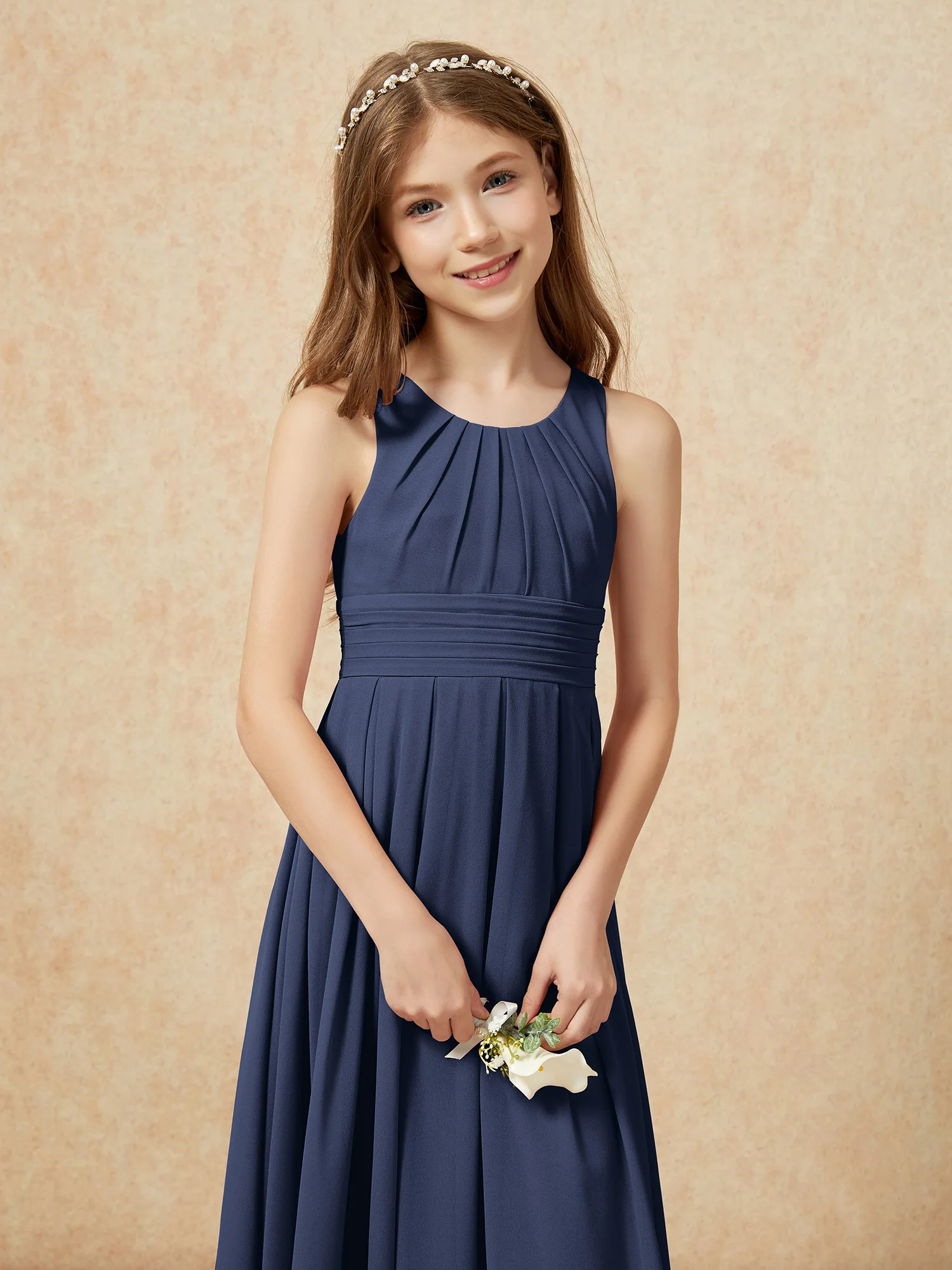 Scoop Neck Pleated Long Junior Bridesmaid Dresses Dark Navy - Image 6
