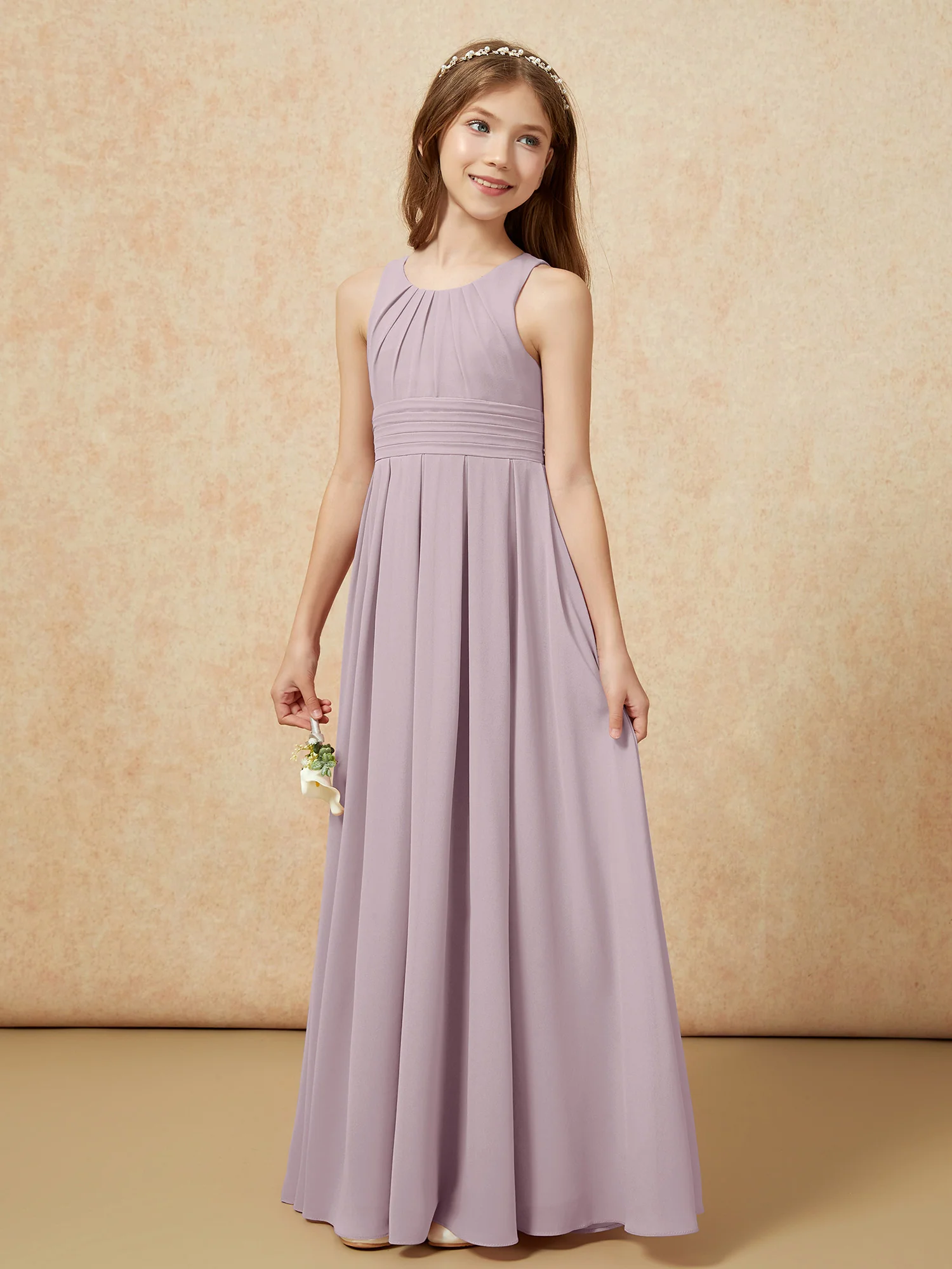 Scoop Neck Pleated Long Junior Bridesmaid Dresses Dusk - Image 3