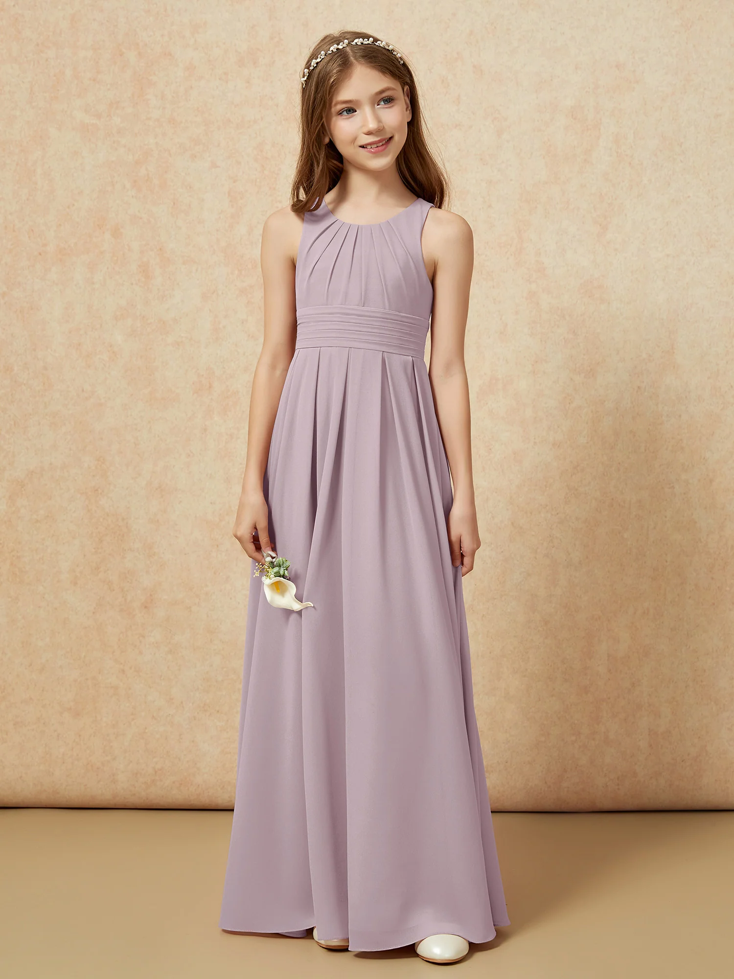 Scoop Neck Pleated Long Junior Bridesmaid Dresses Dusk - Image 4