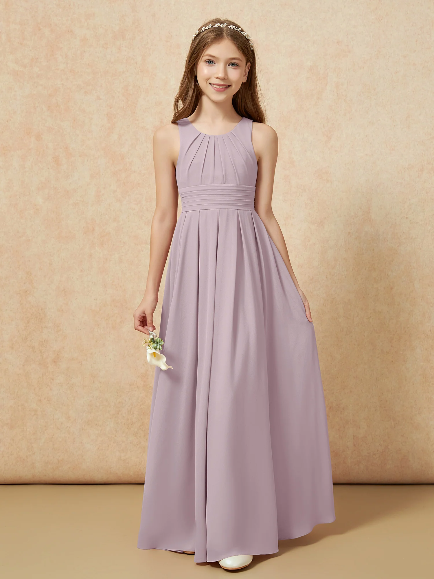 Scoop Neck Pleated Long Junior Bridesmaid Dresses Dusk - Image 5