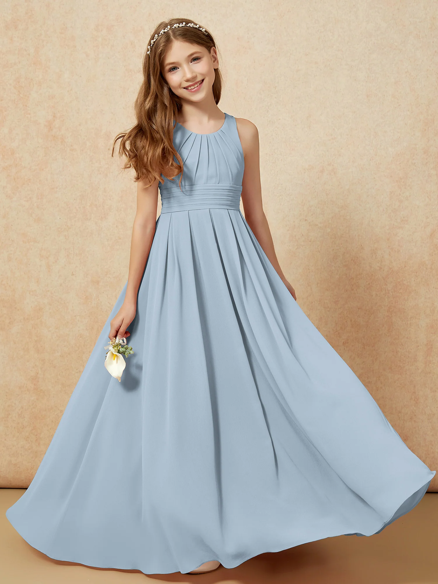 Scoop Neck Pleated Long Junior Bridesmaid Dresses Dusty Blue