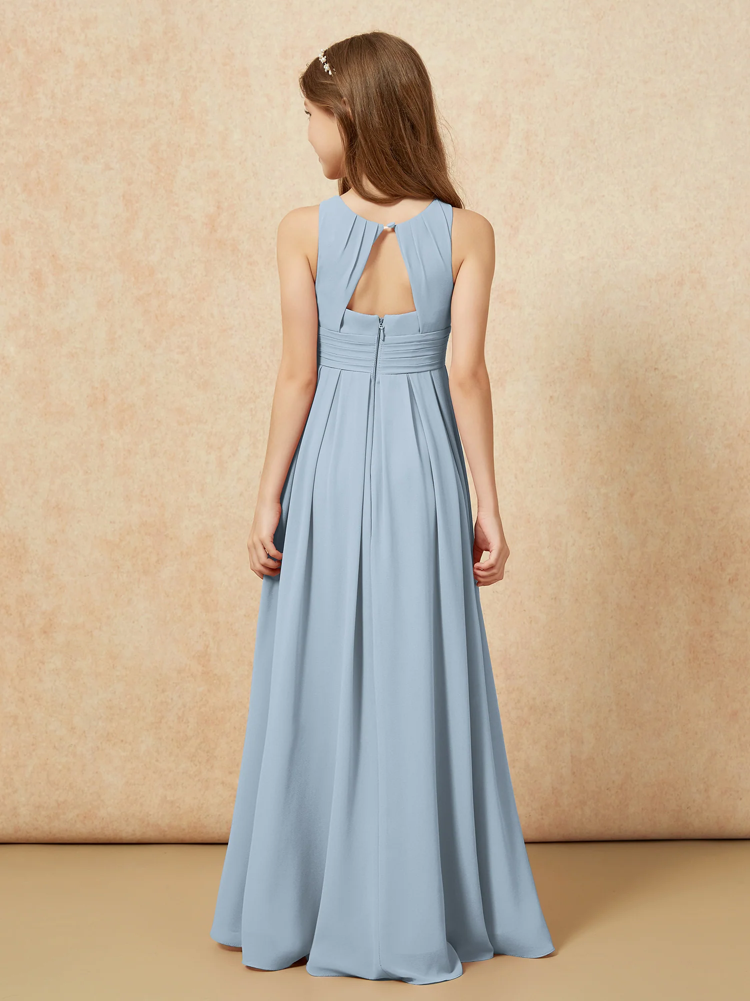 Scoop Neck Pleated Long Junior Bridesmaid Dresses Dusty Blue - Image 2
