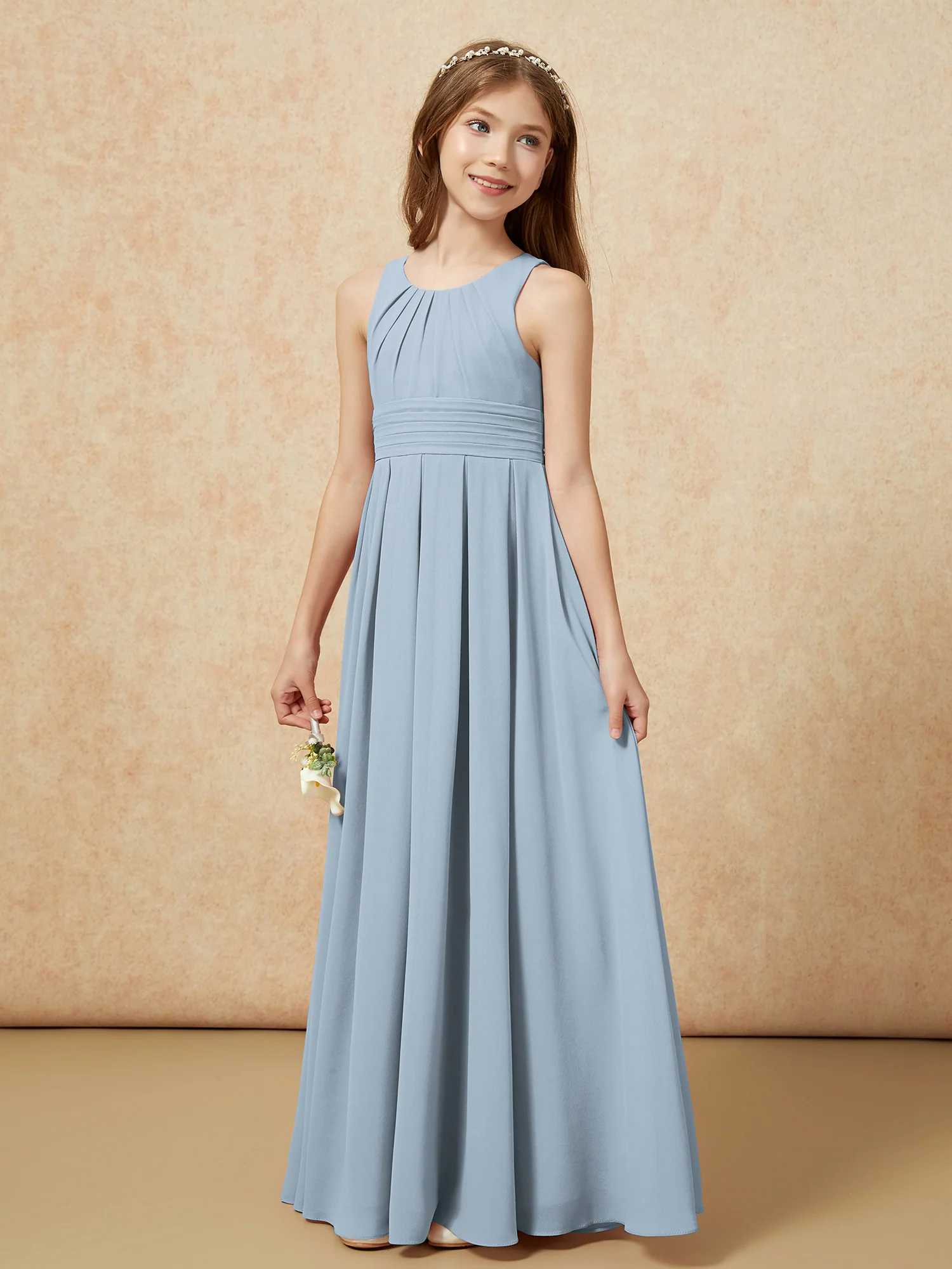 Scoop Neck Pleated Long Junior Bridesmaid Dresses Dusty Blue - Image 3