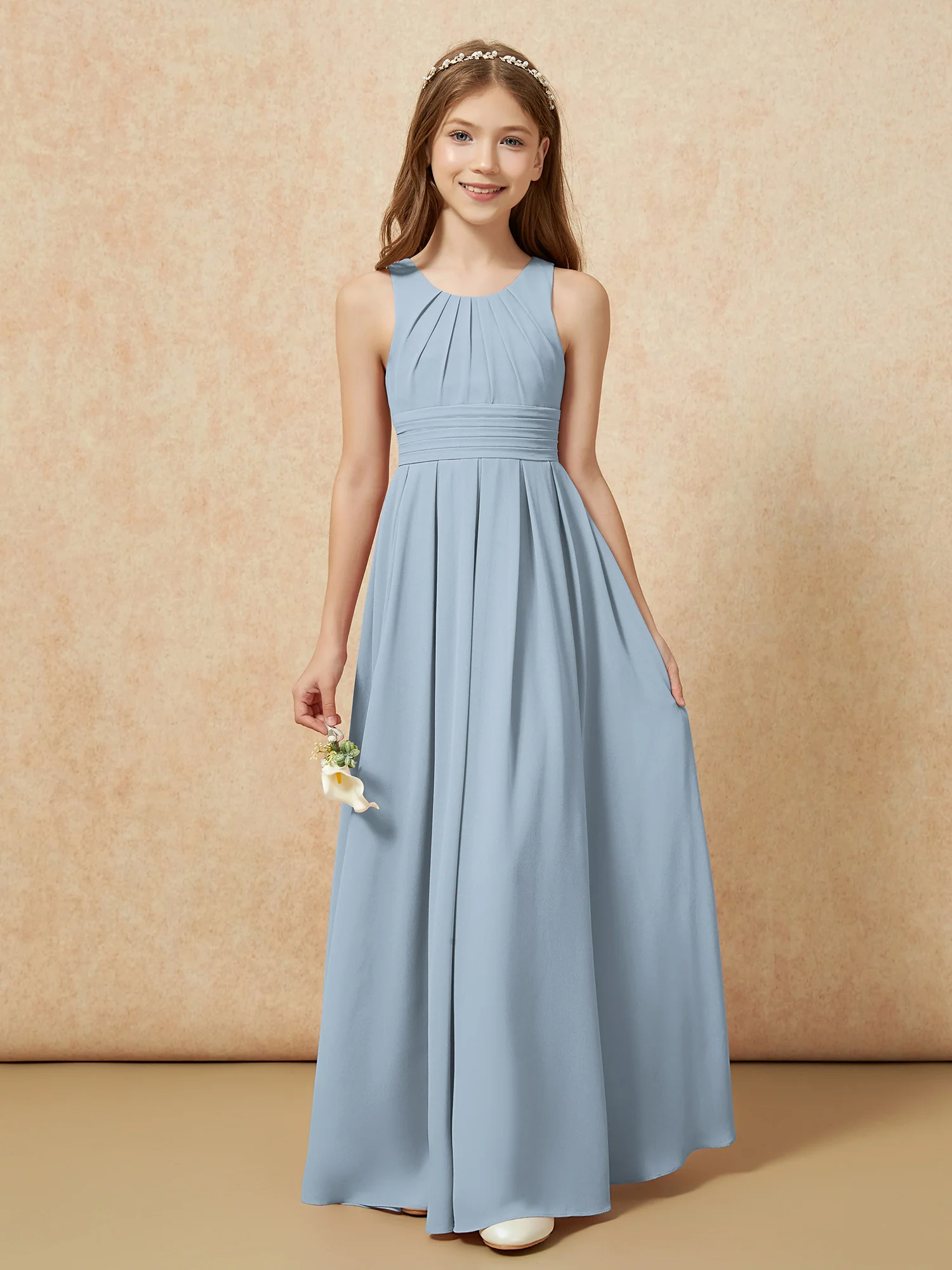 Scoop Neck Pleated Long Junior Bridesmaid Dresses Dusty Blue - Image 5