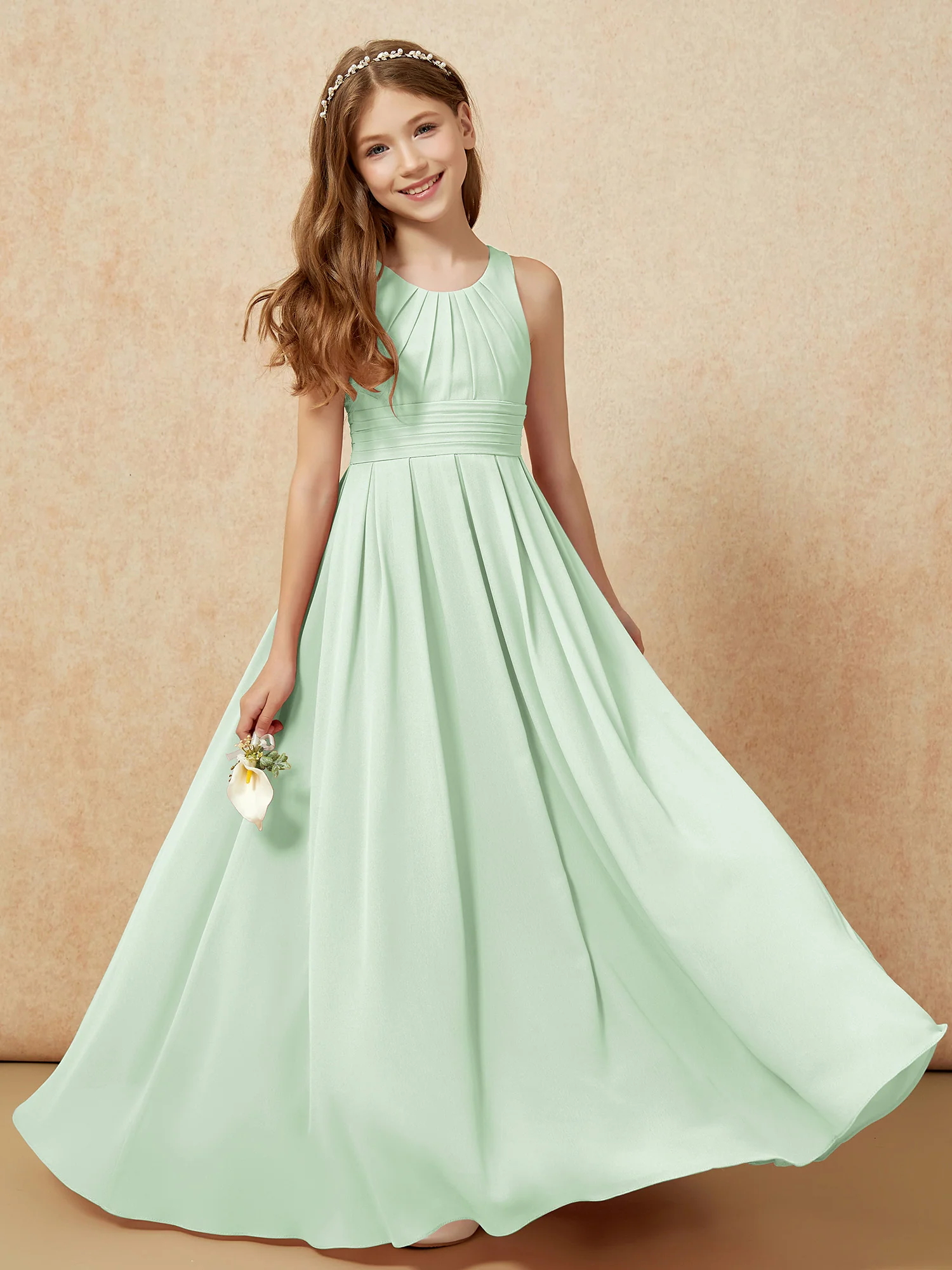Scoop Neck Pleated Long Junior Bridesmaid Dresses Dusty Sage