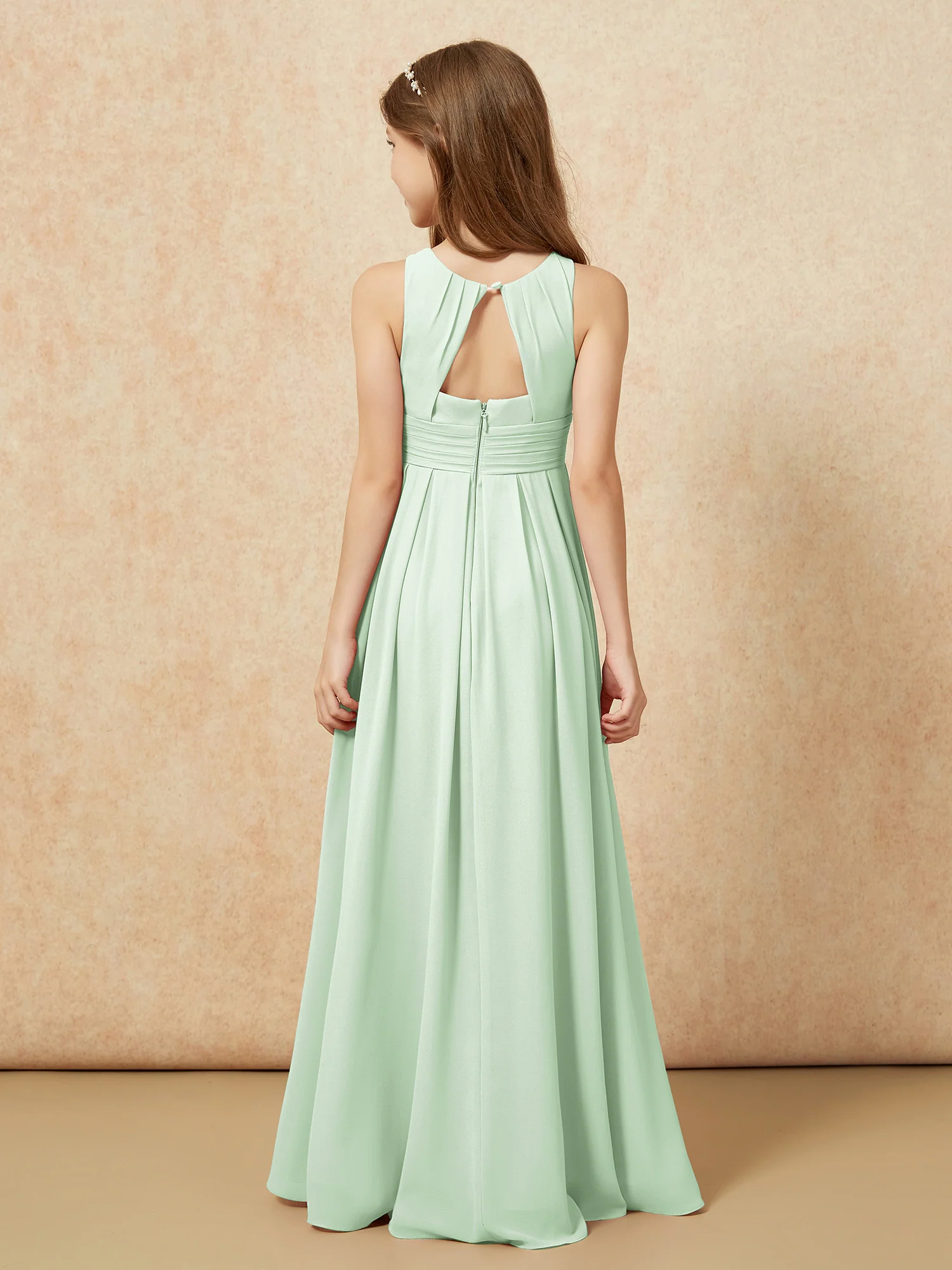 Scoop Neck Pleated Long Junior Bridesmaid Dresses Dusty Sage - Image 2