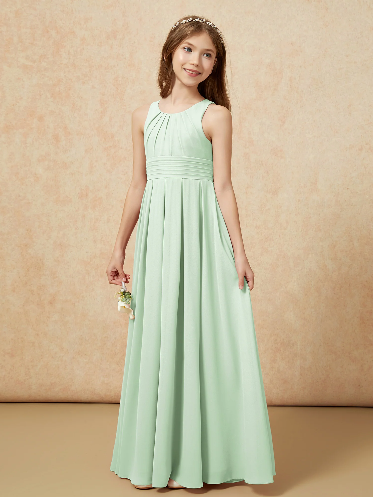 Scoop Neck Pleated Long Junior Bridesmaid Dresses Dusty Sage - Image 3