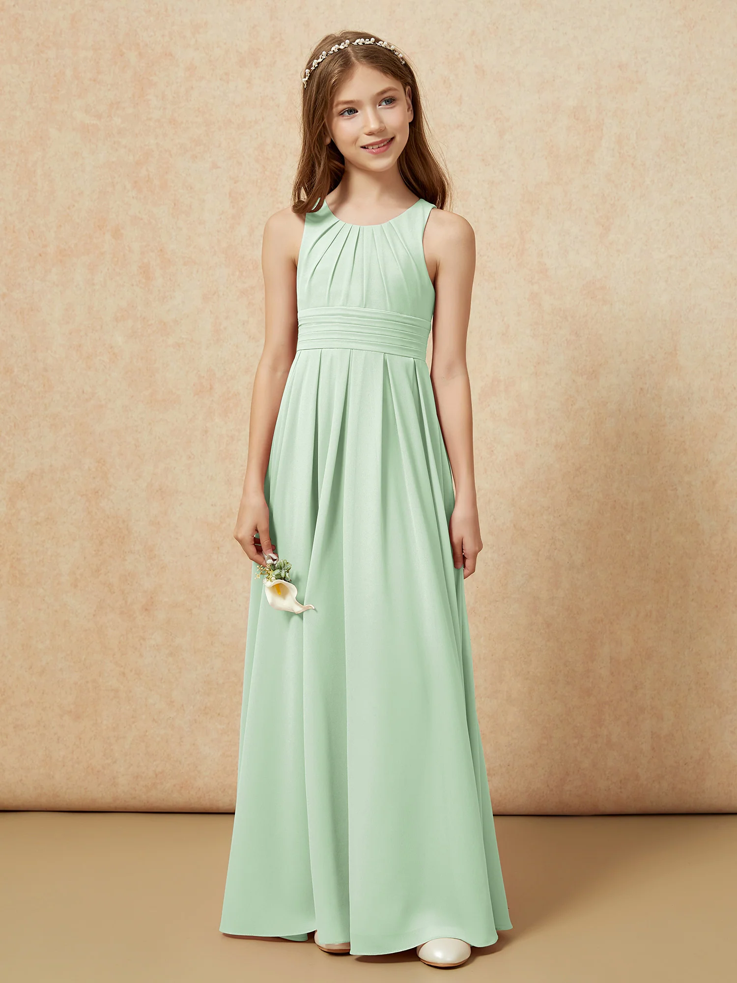 Scoop Neck Pleated Long Junior Bridesmaid Dresses Dusty Sage - Image 4