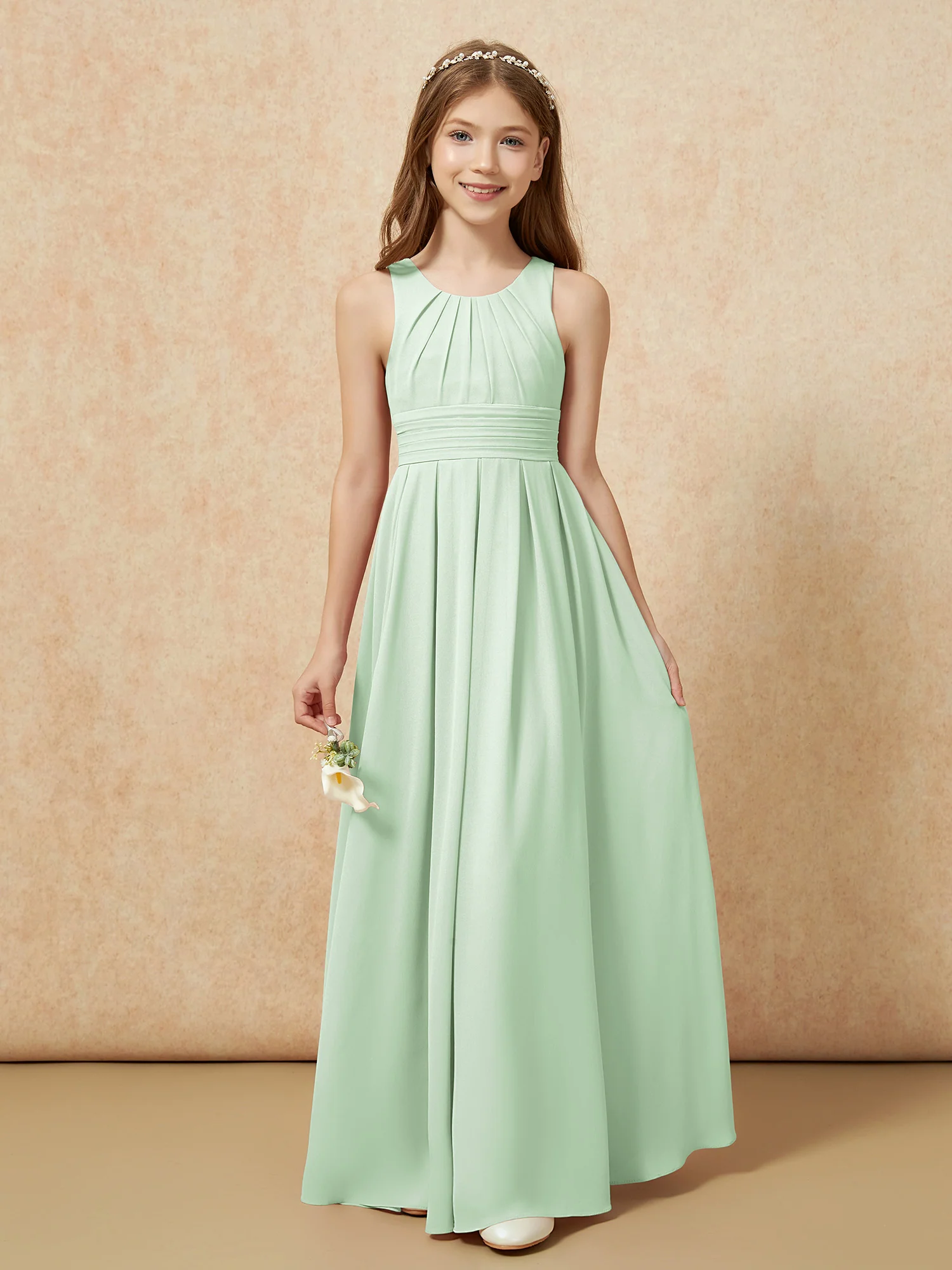 Scoop Neck Pleated Long Junior Bridesmaid Dresses Dusty Sage - Image 5