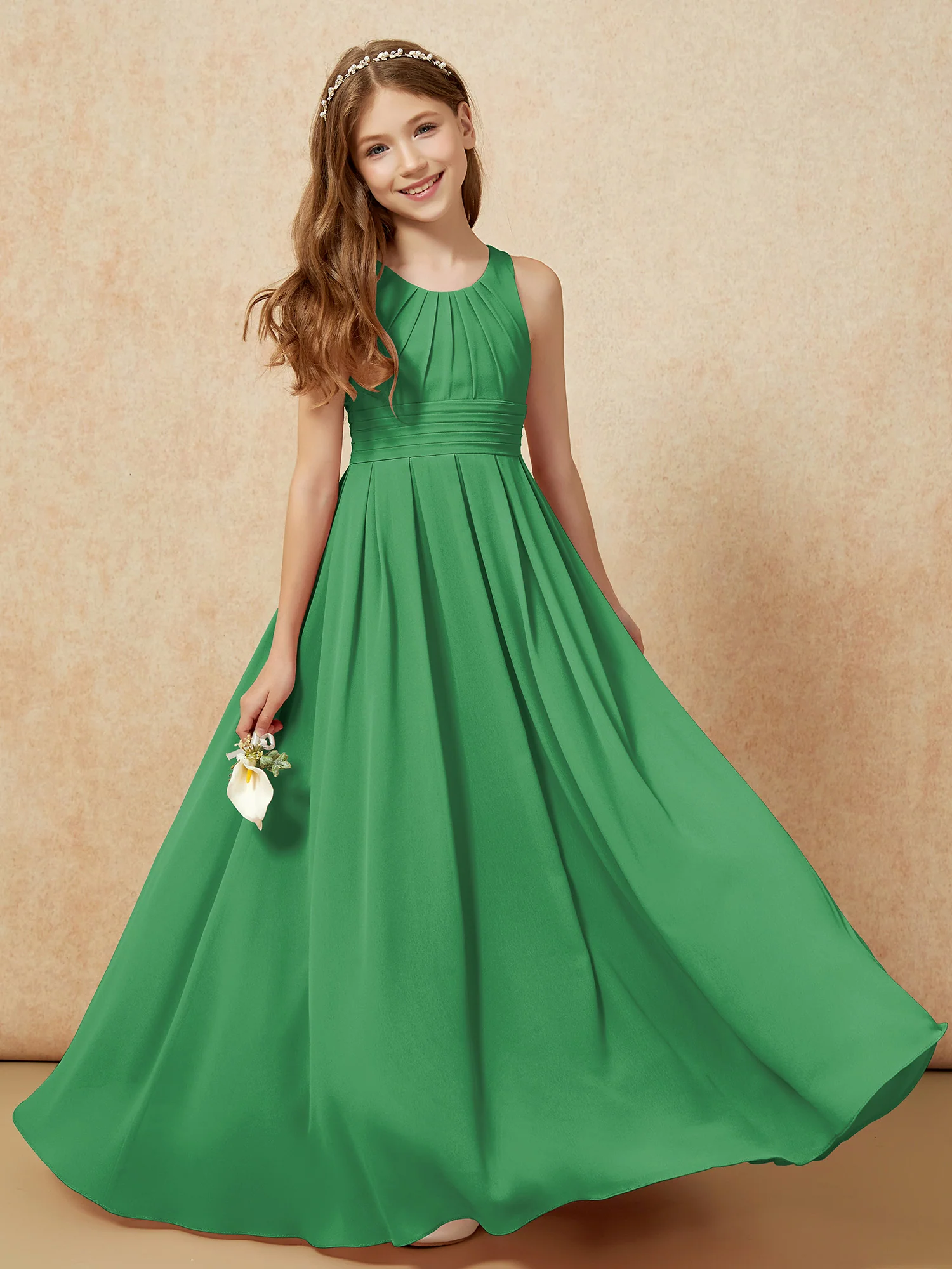 Scoop Neck Pleated Long Junior Bridesmaid Dresses Emerald