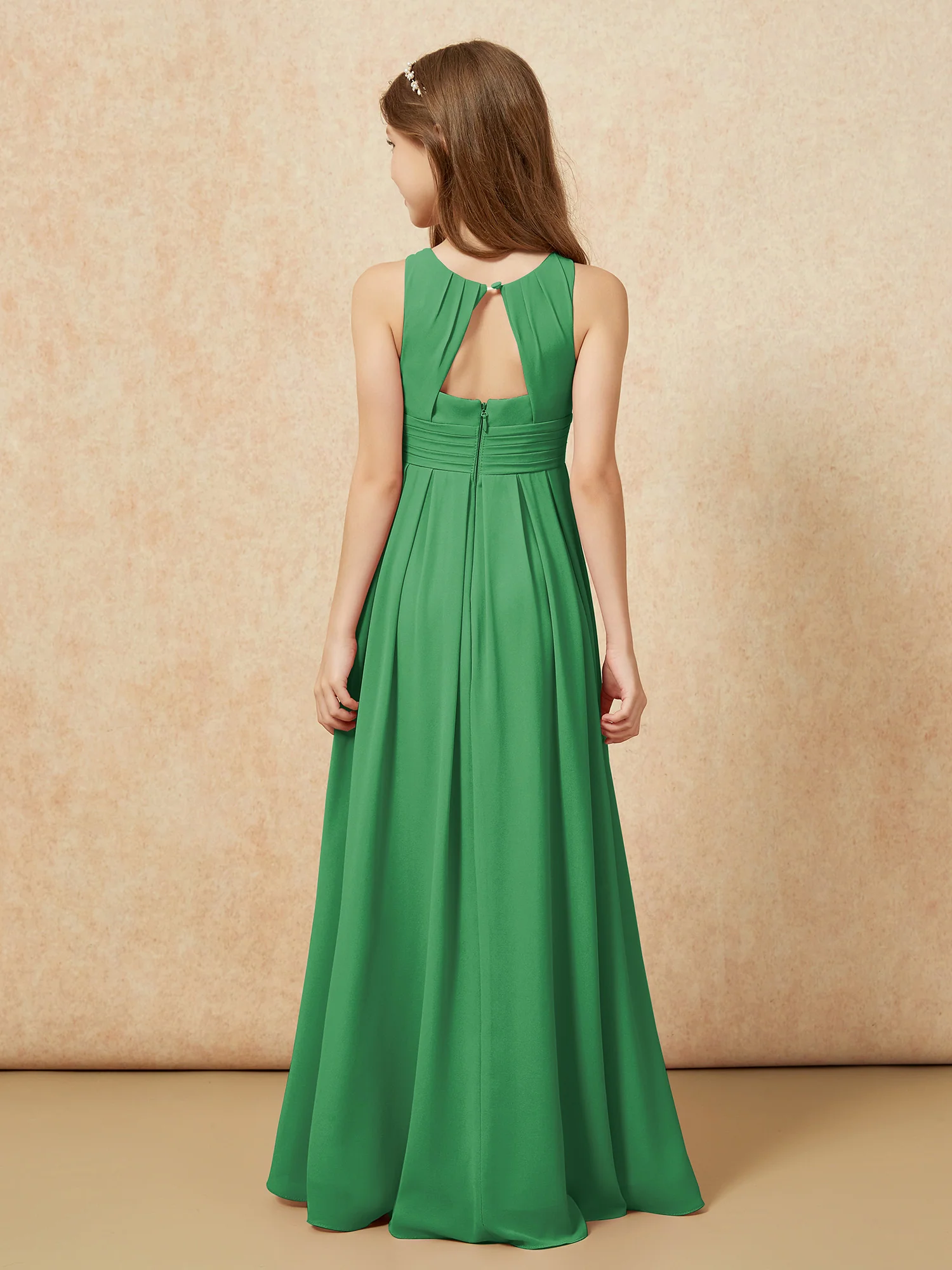 Scoop Neck Pleated Long Junior Bridesmaid Dresses Emerald - Image 2