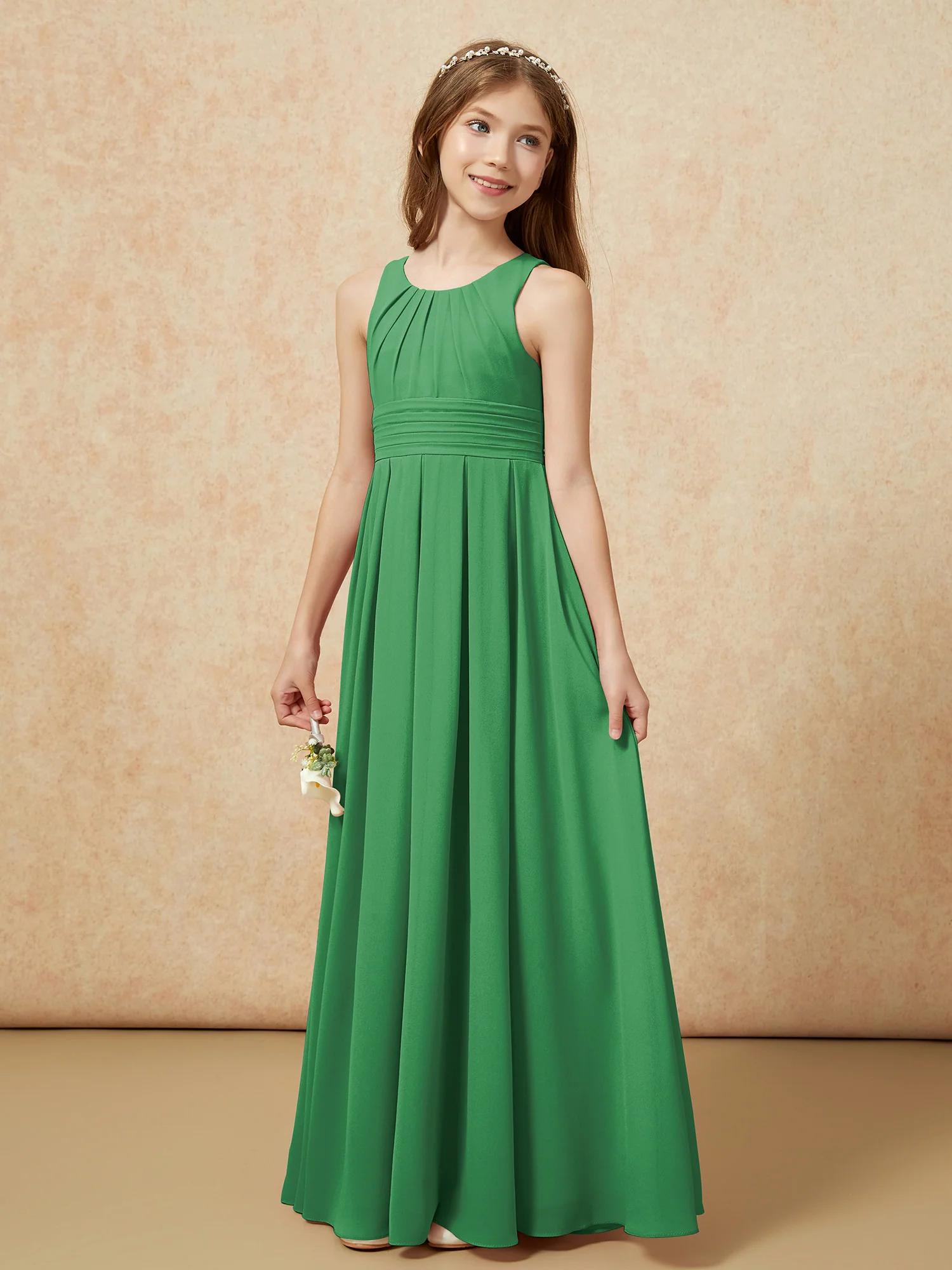 Scoop Neck Pleated Long Junior Bridesmaid Dresses Emerald - Image 3