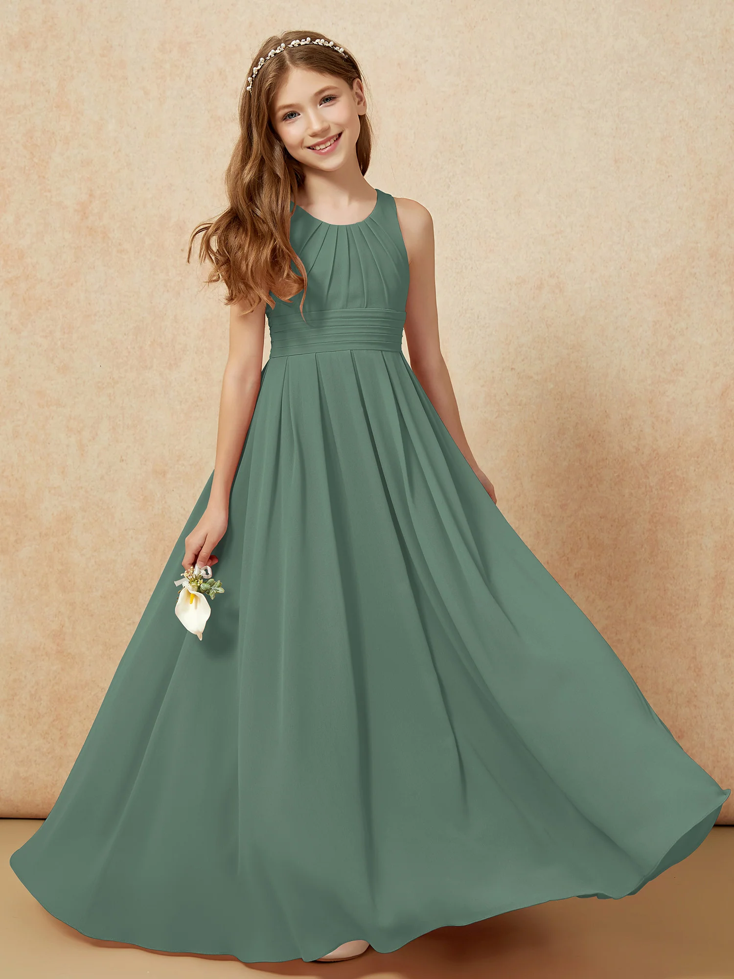 Scoop Neck Pleated Long Junior Bridesmaid Dresses Eucalyptus