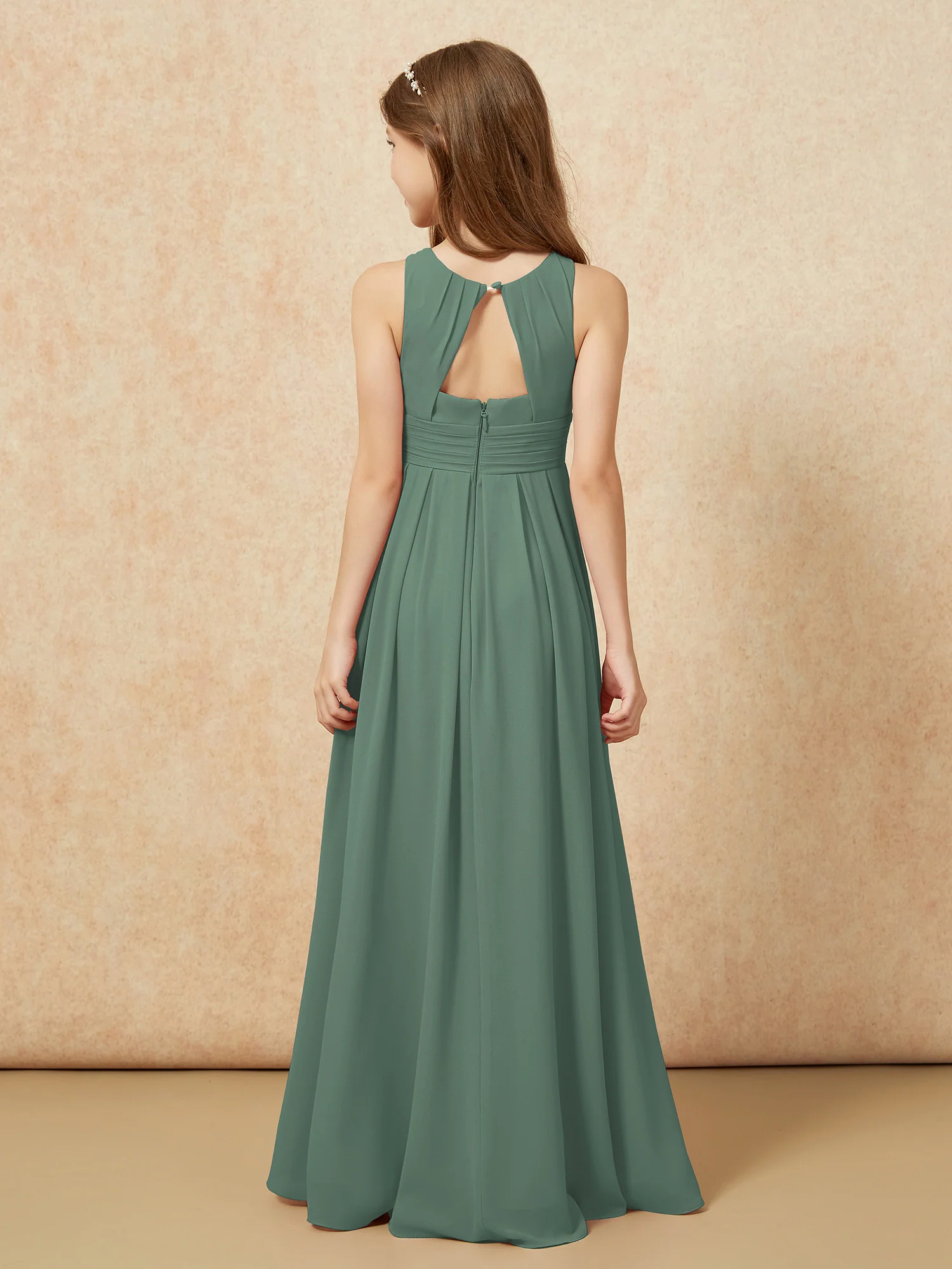 Scoop Neck Pleated Long Junior Bridesmaid Dresses Eucalyptus - Image 2