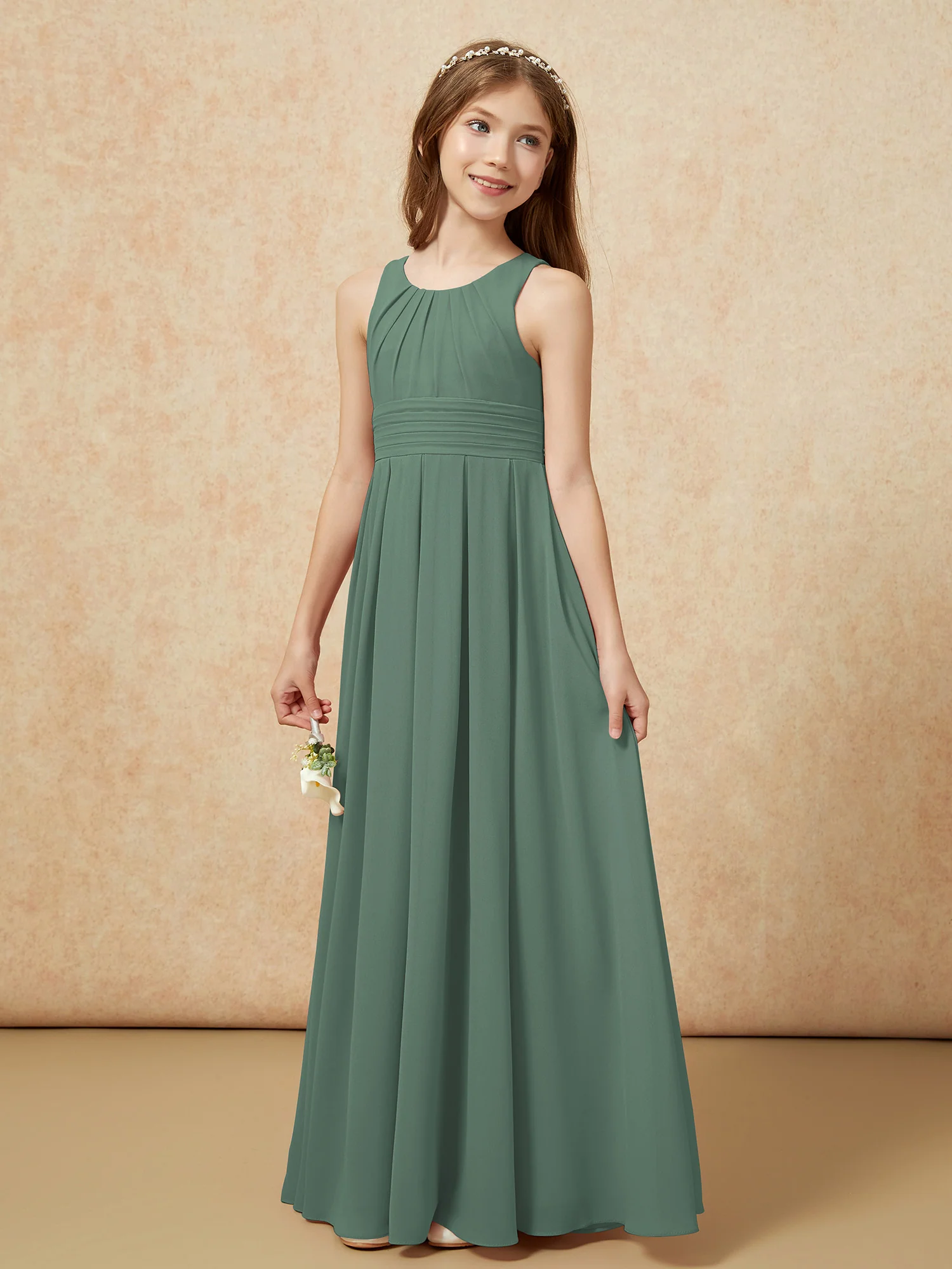 Scoop Neck Pleated Long Junior Bridesmaid Dresses Eucalyptus - Image 3