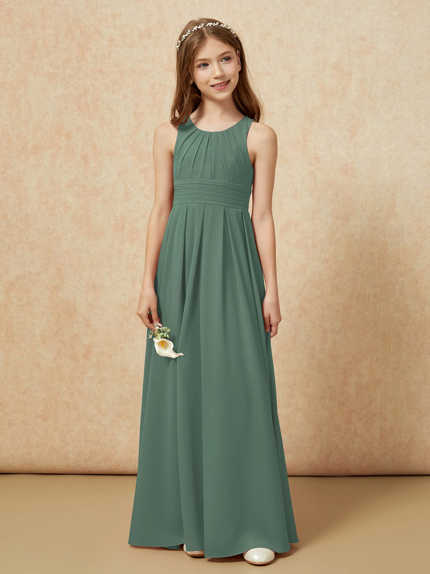 Scoop Neck Pleated Long Junior Bridesmaid Dresses Eucalyptus - Image 4