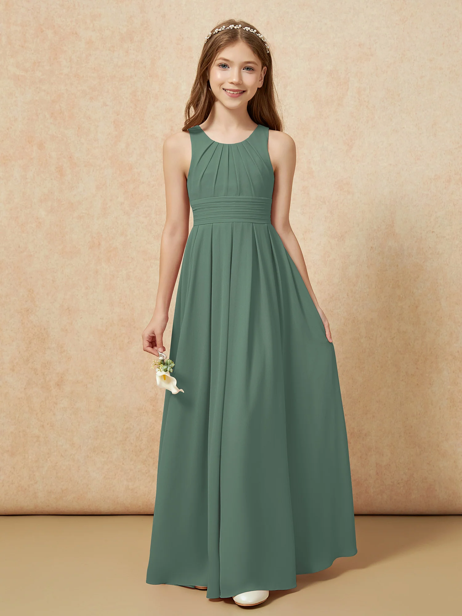 Scoop Neck Pleated Long Junior Bridesmaid Dresses Eucalyptus - Image 5