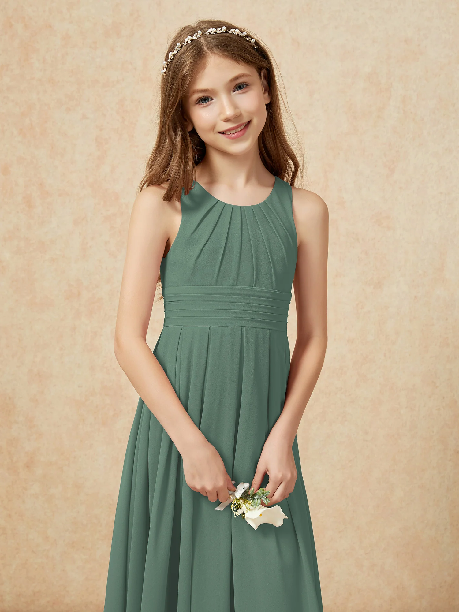 Scoop Neck Pleated Long Junior Bridesmaid Dresses Eucalyptus - Image 6