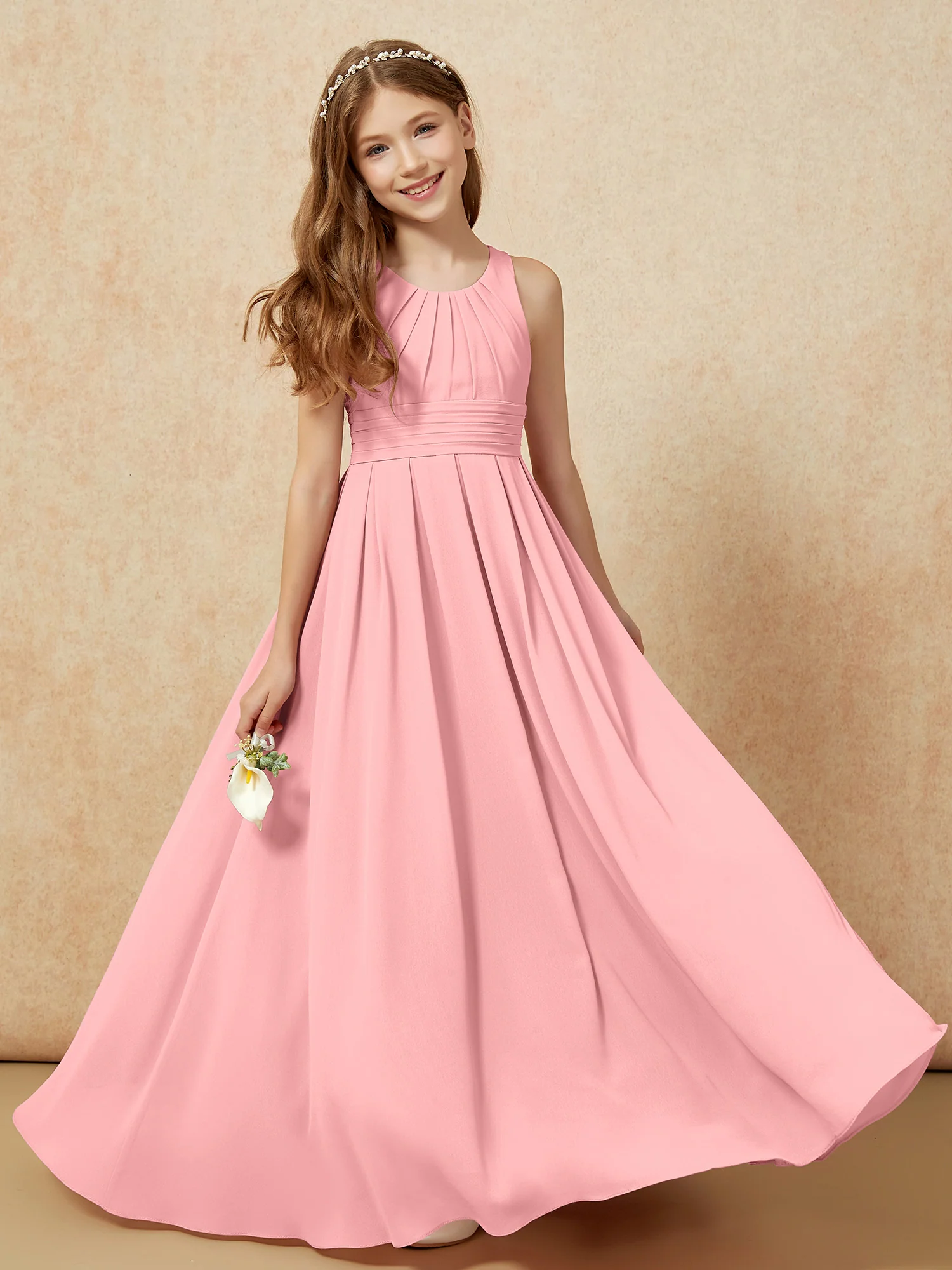 Scoop Neck Pleated Long Junior Bridesmaid Dresses Flamingo