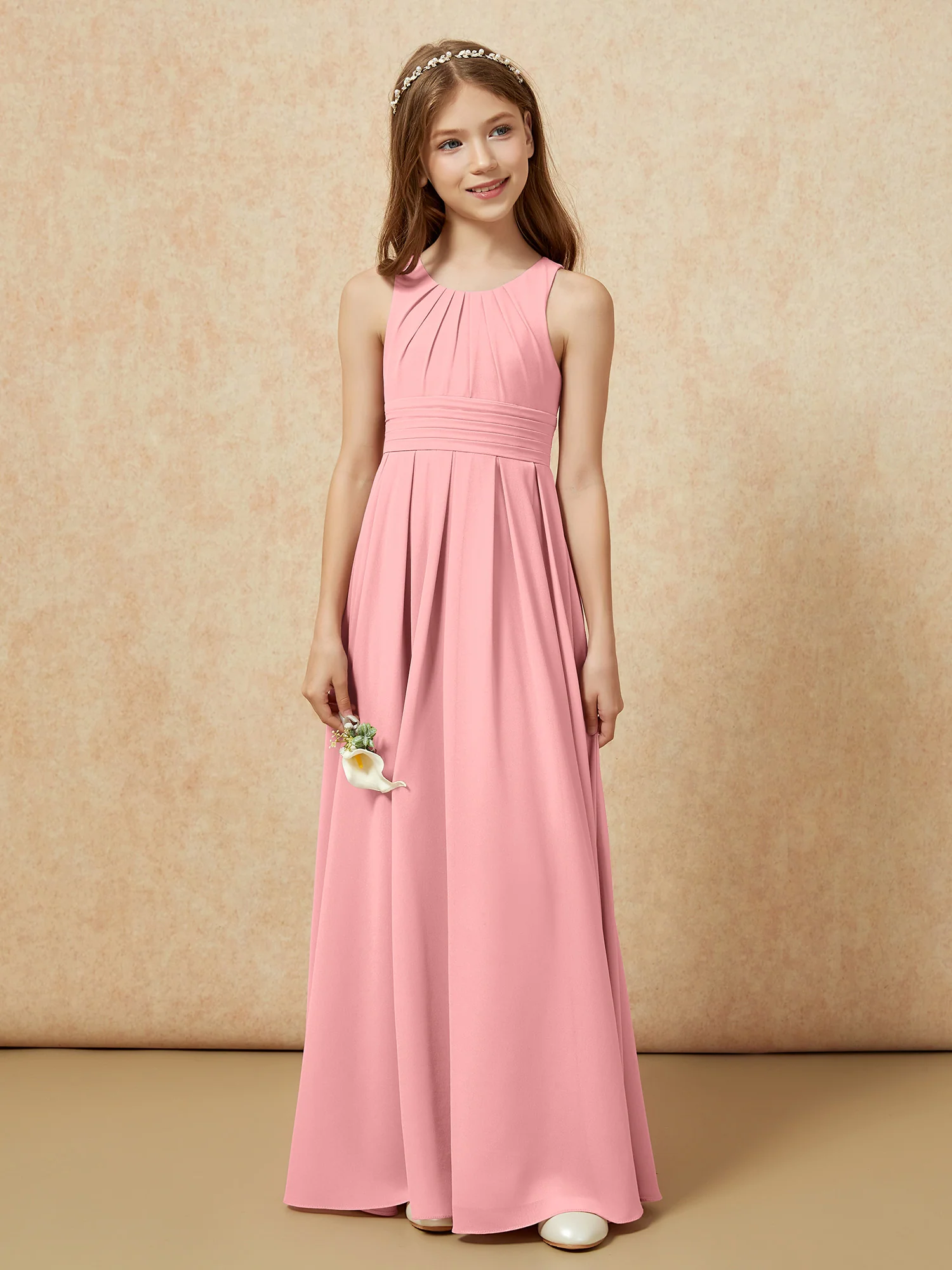 Scoop Neck Pleated Long Junior Bridesmaid Dresses Flamingo - Image 4
