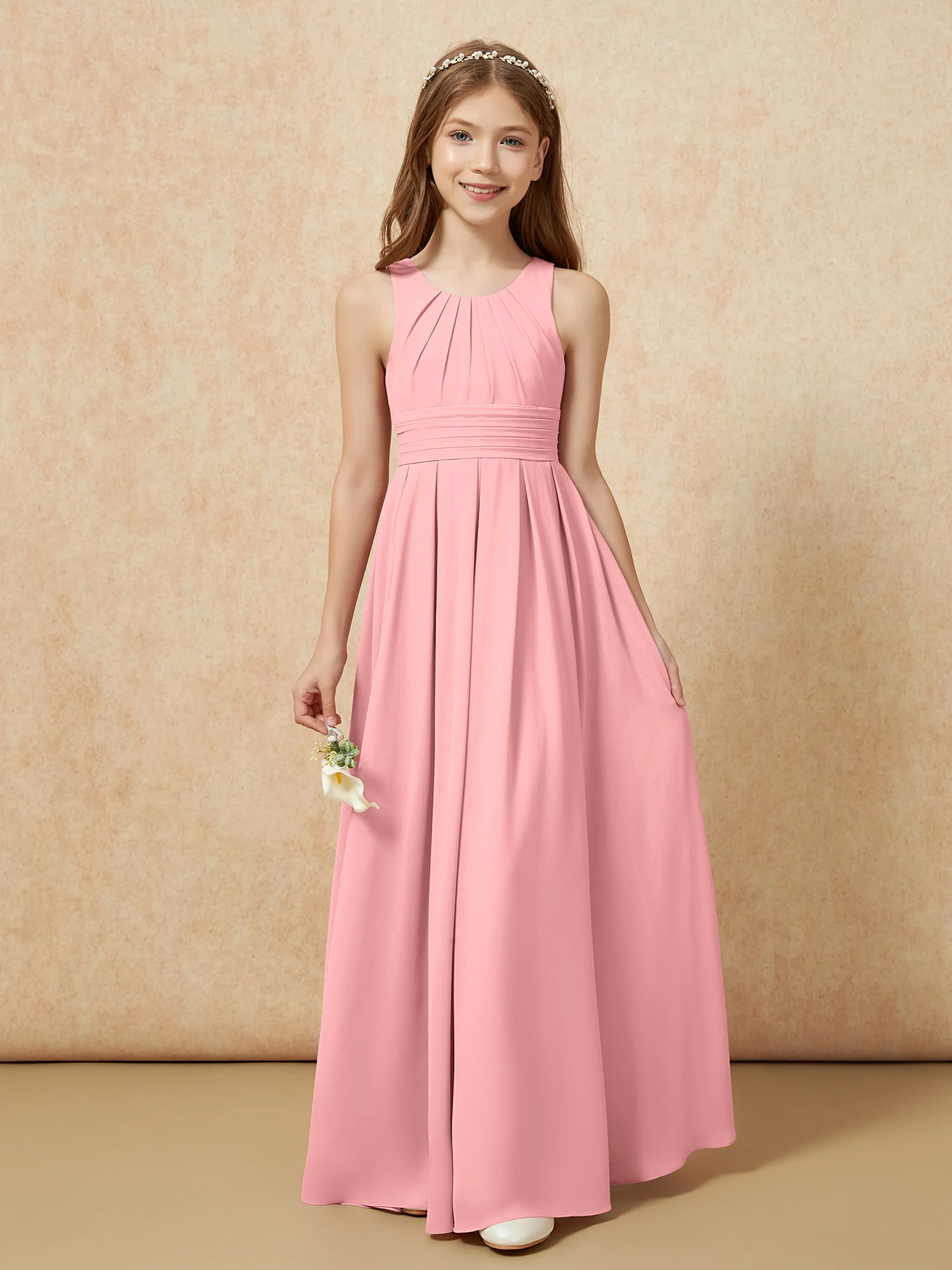 Scoop Neck Pleated Long Junior Bridesmaid Dresses Flamingo - Image 5