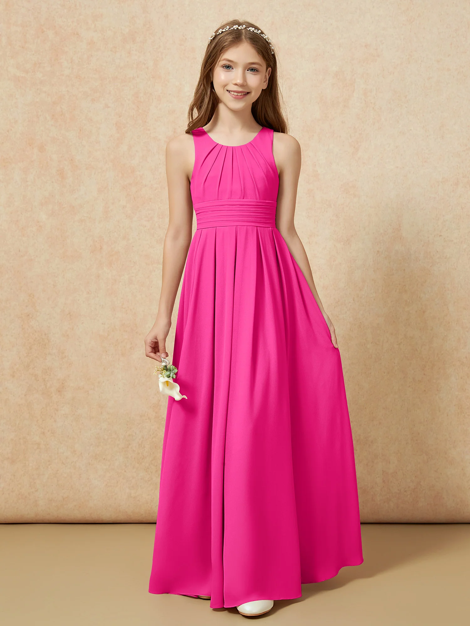 Scoop Neck Pleated Long Junior Bridesmaid Dresses Fuchsia - Image 5
