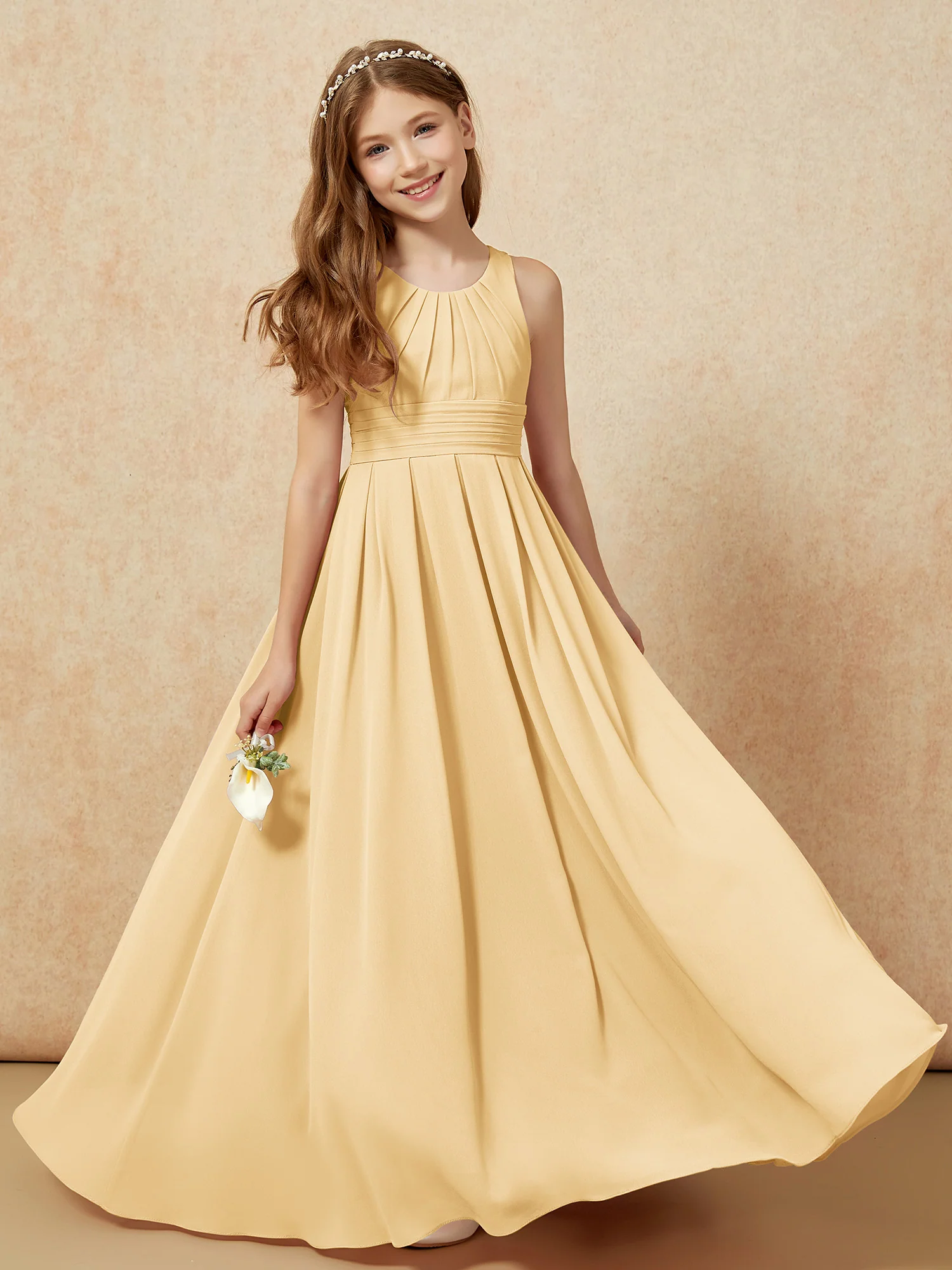 Scoop Neck Pleated Long Junior Bridesmaid Dresses Gold