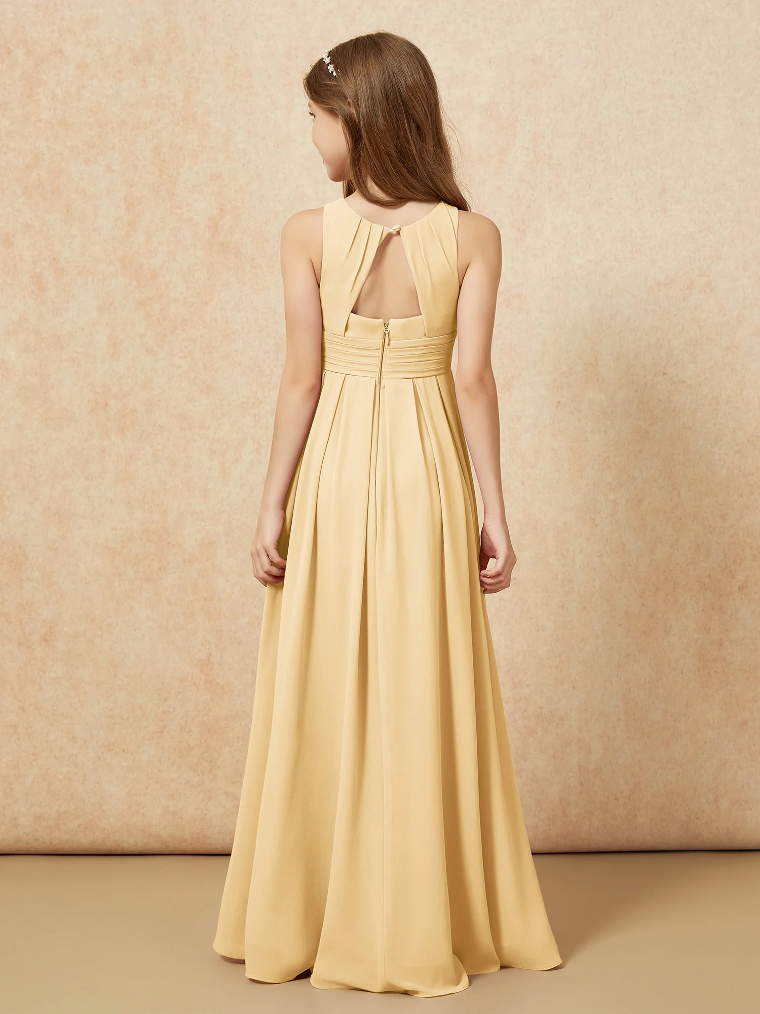 Scoop Neck Pleated Long Junior Bridesmaid Dresses Gold - Image 2