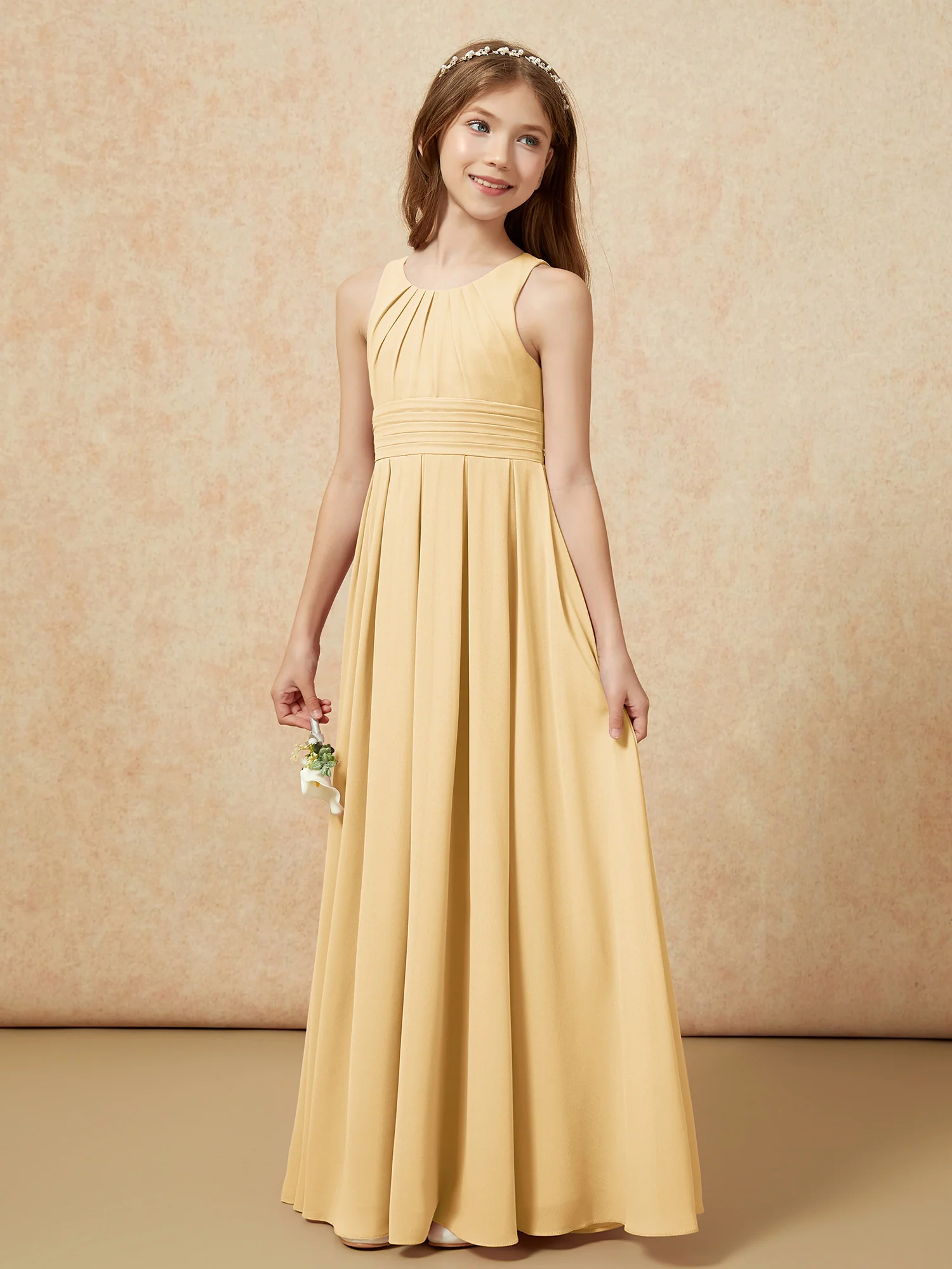 Scoop Neck Pleated Long Junior Bridesmaid Dresses Gold - Image 3