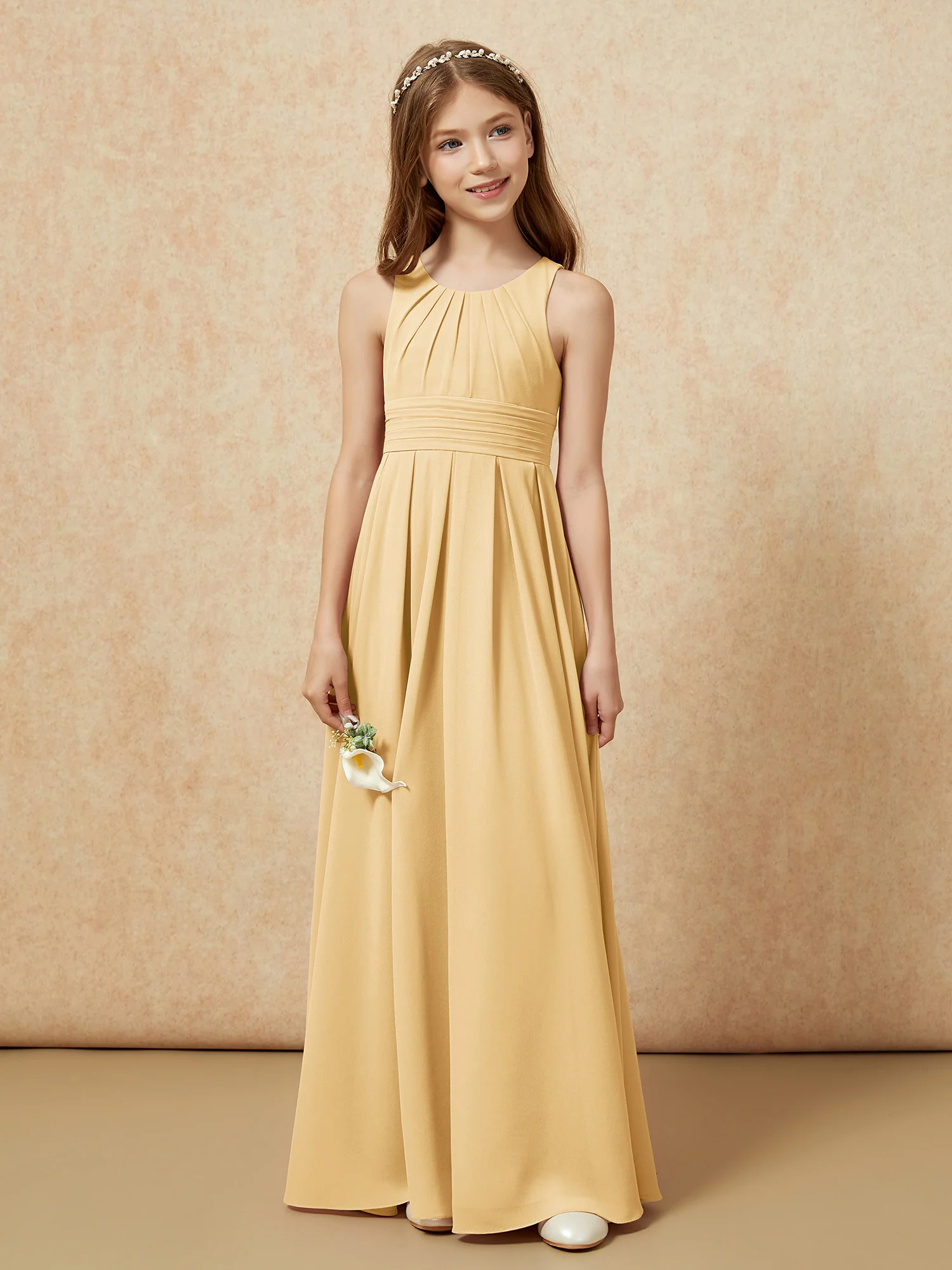 Scoop Neck Pleated Long Junior Bridesmaid Dresses Gold - Image 4