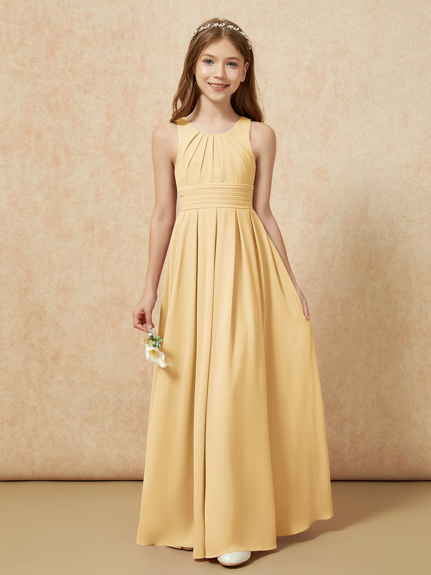 Scoop Neck Pleated Long Junior Bridesmaid Dresses Gold - Image 5