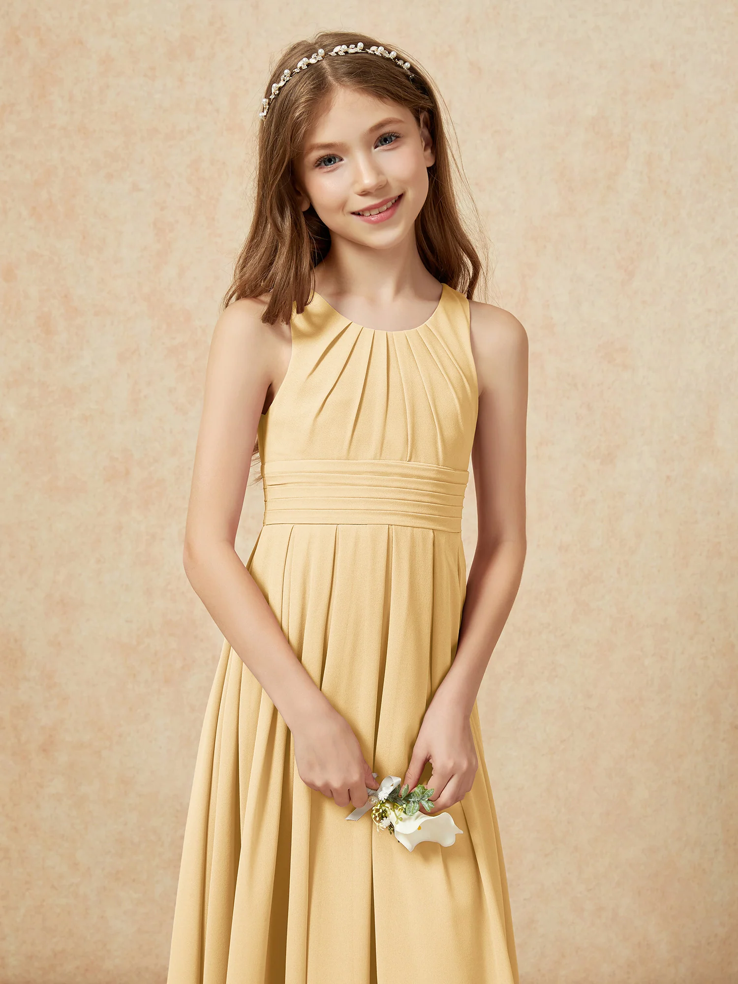 Scoop Neck Pleated Long Junior Bridesmaid Dresses Gold - Image 6