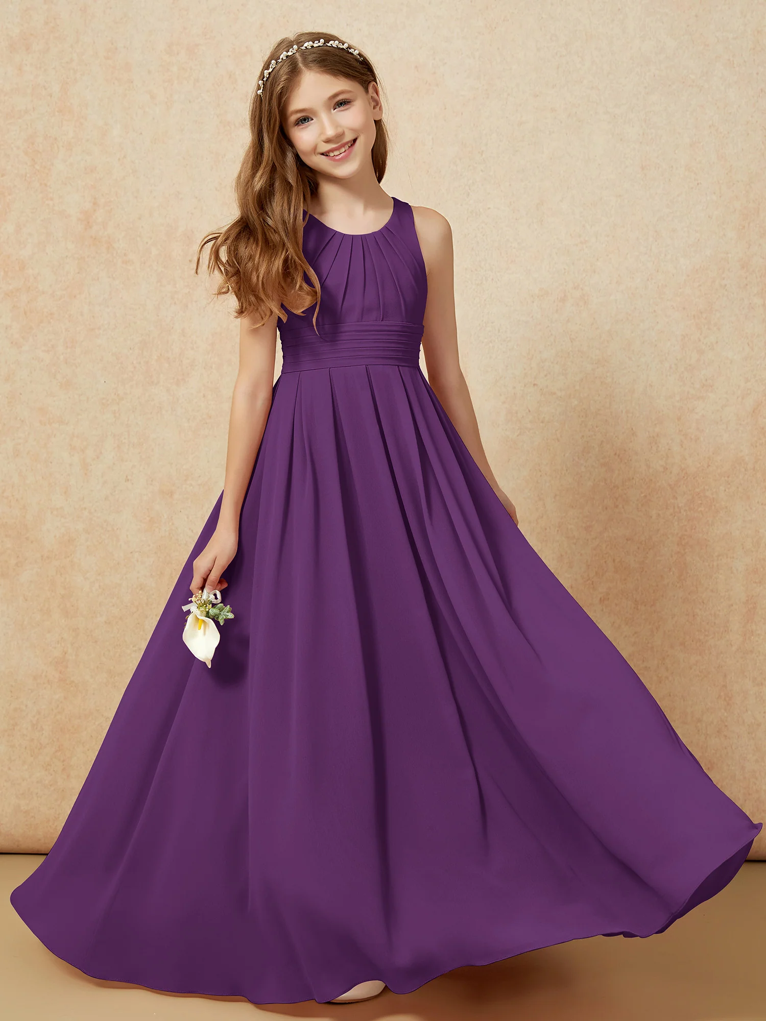 Scoop Neck Pleated Long Junior Bridesmaid Dresses Grape