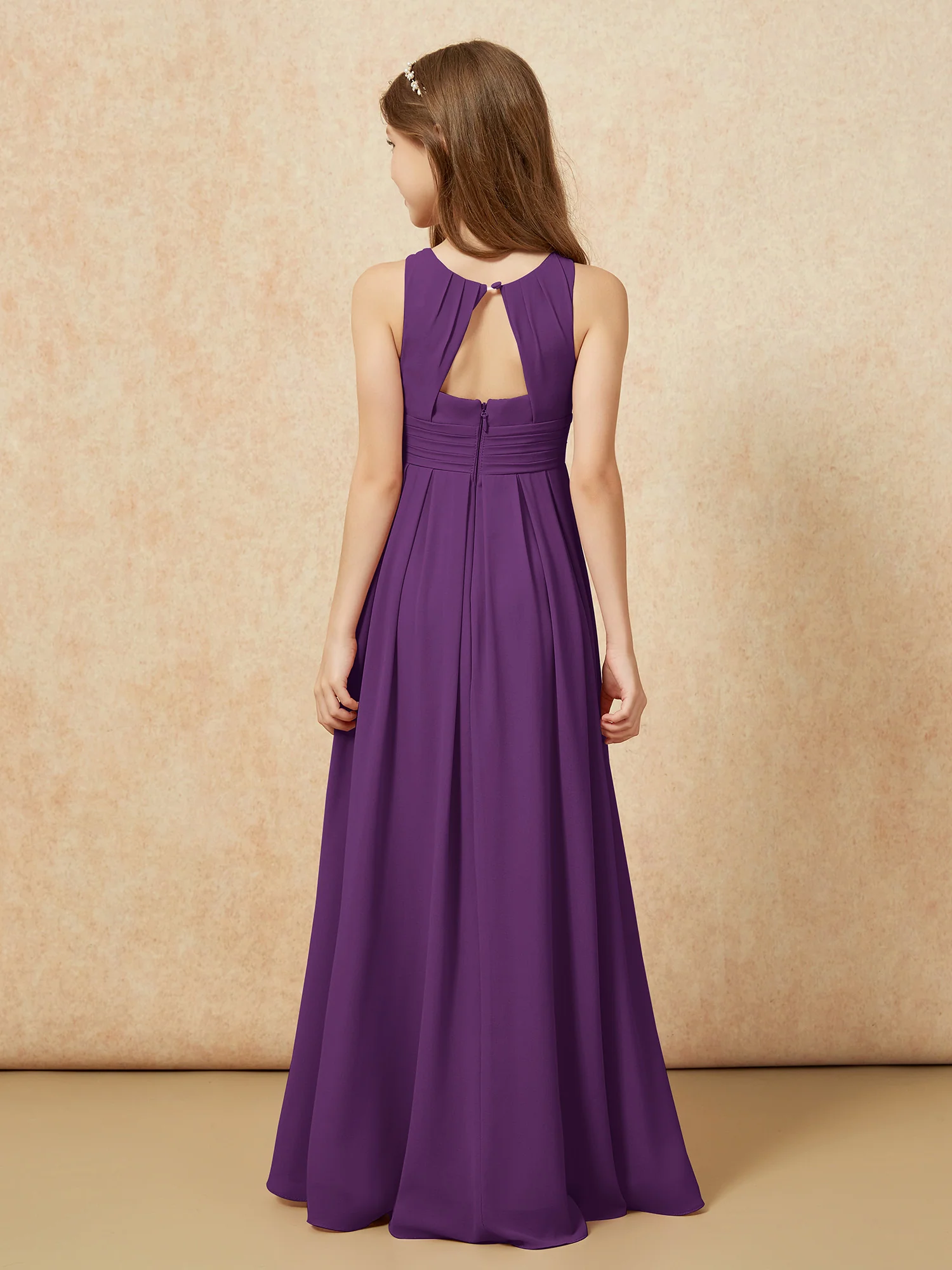 Scoop Neck Pleated Long Junior Bridesmaid Dresses Grape - Image 2