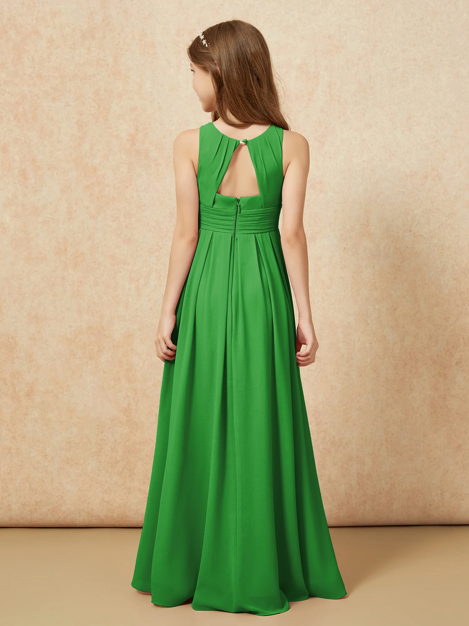 Scoop Neck Pleated Long Junior Bridesmaid Dresses Green - Image 2