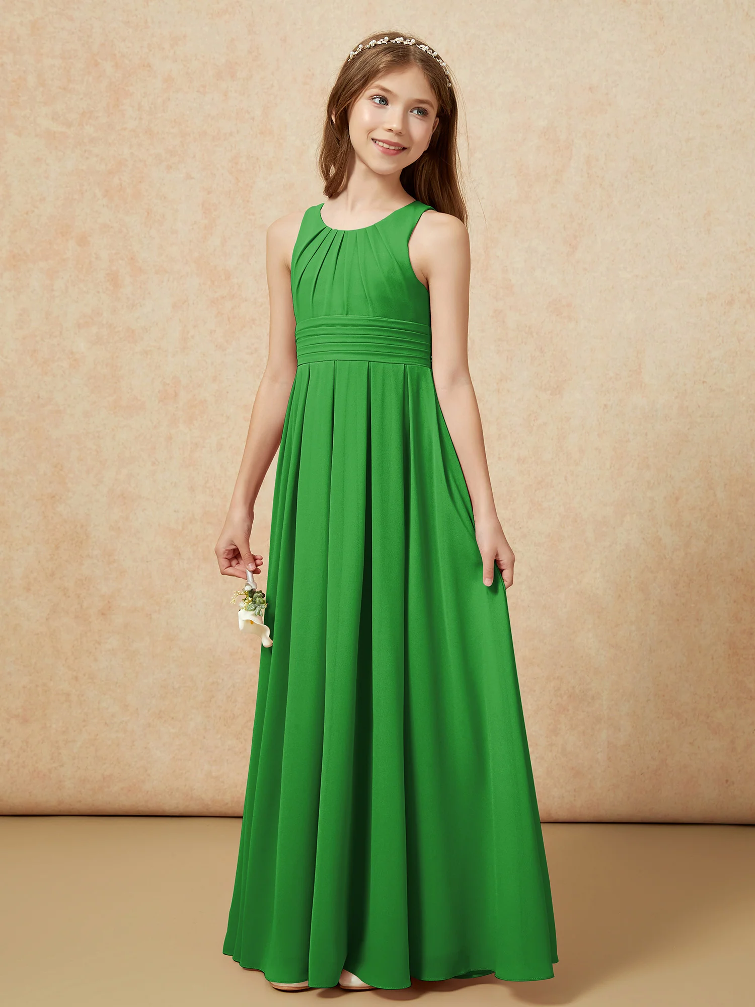 Scoop Neck Pleated Long Junior Bridesmaid Dresses Green - Image 3