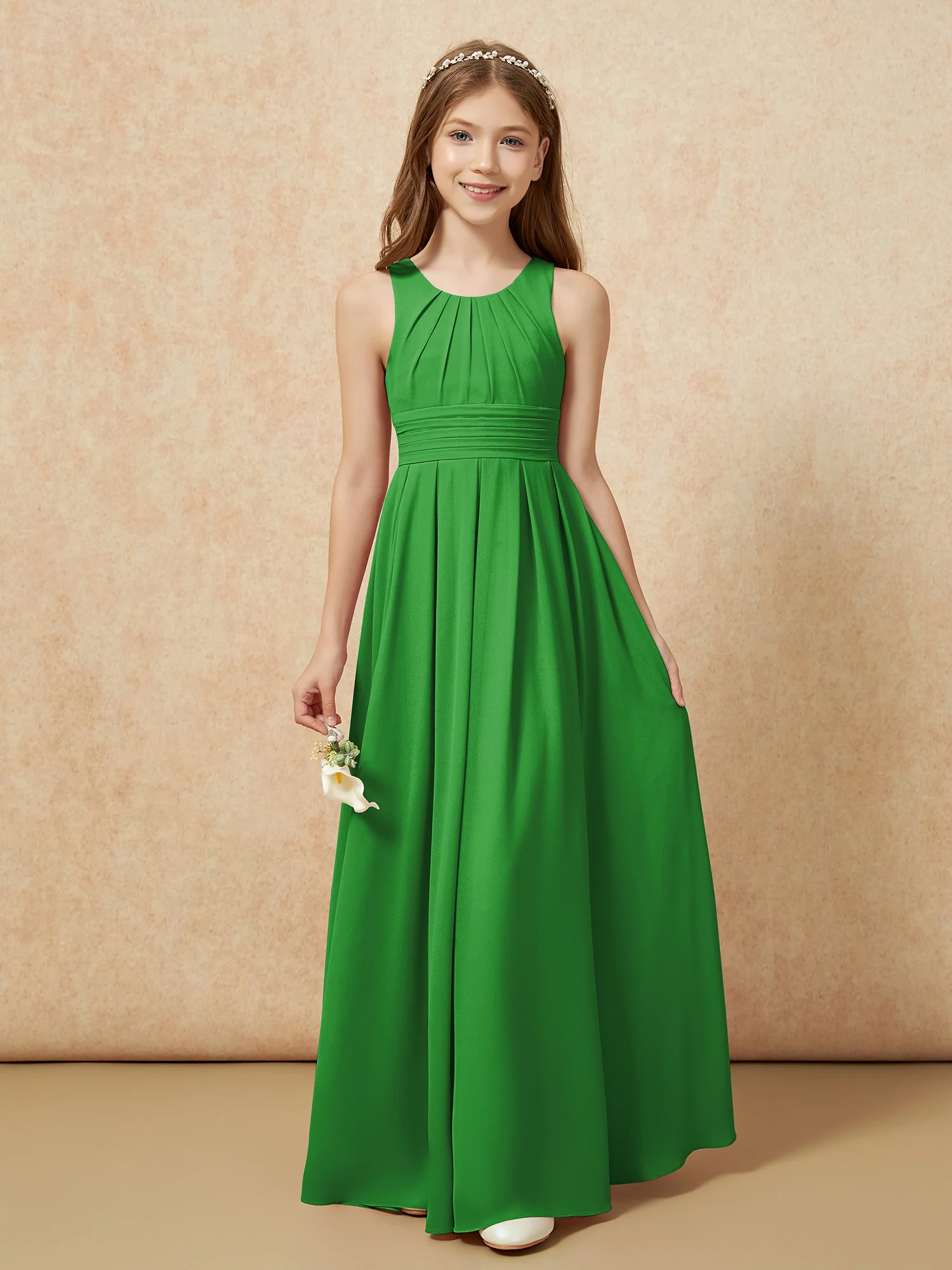 Scoop Neck Pleated Long Junior Bridesmaid Dresses Green - Image 5