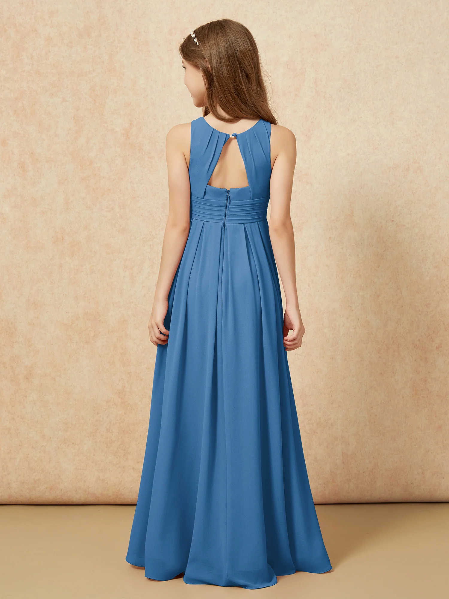 Scoop Neck Pleated Long Junior Bridesmaid Dresses Ink Blue - Image 2