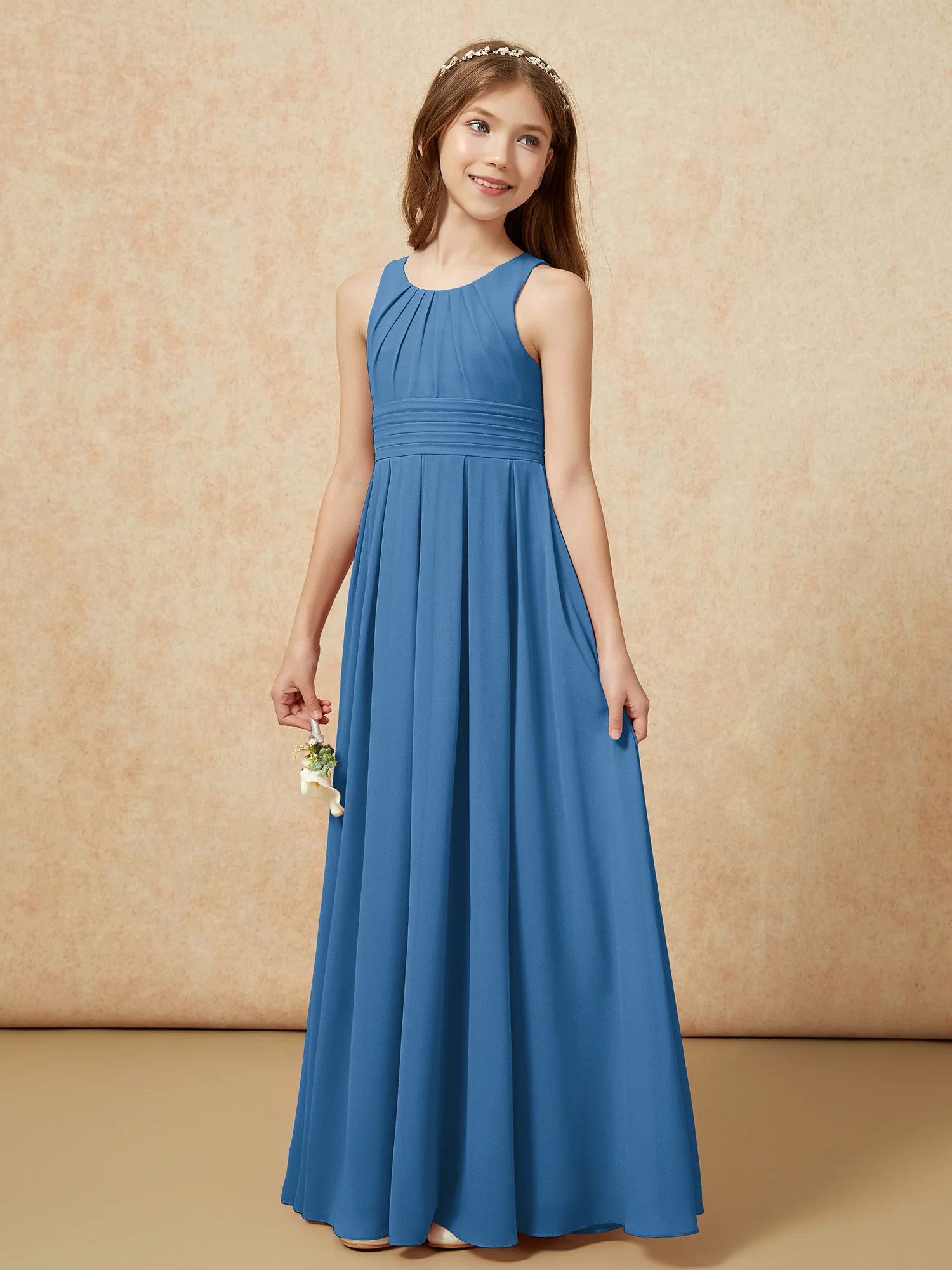 Scoop Neck Pleated Long Junior Bridesmaid Dresses Ink Blue - Image 3