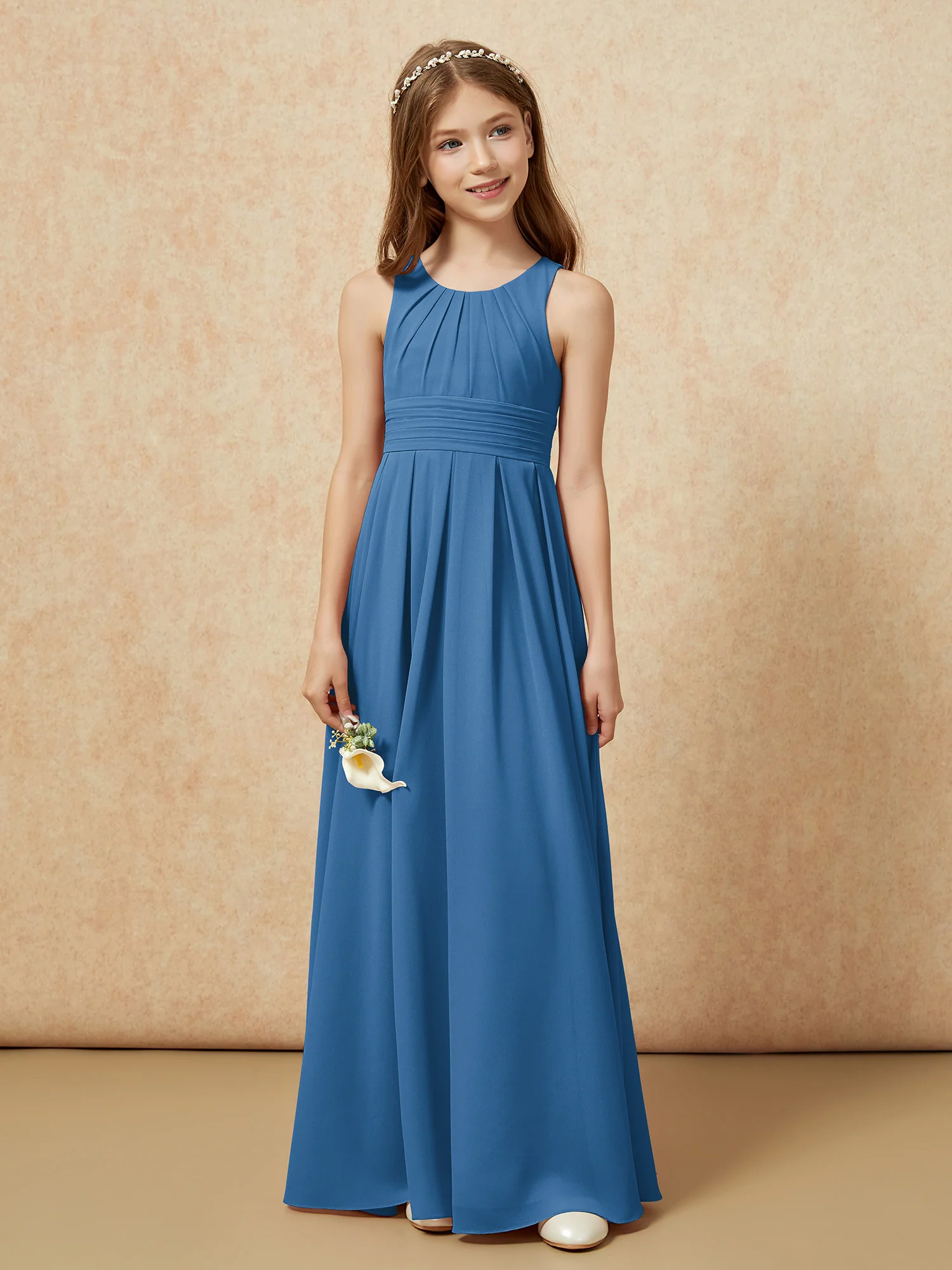 Scoop Neck Pleated Long Junior Bridesmaid Dresses Ink Blue - Image 4