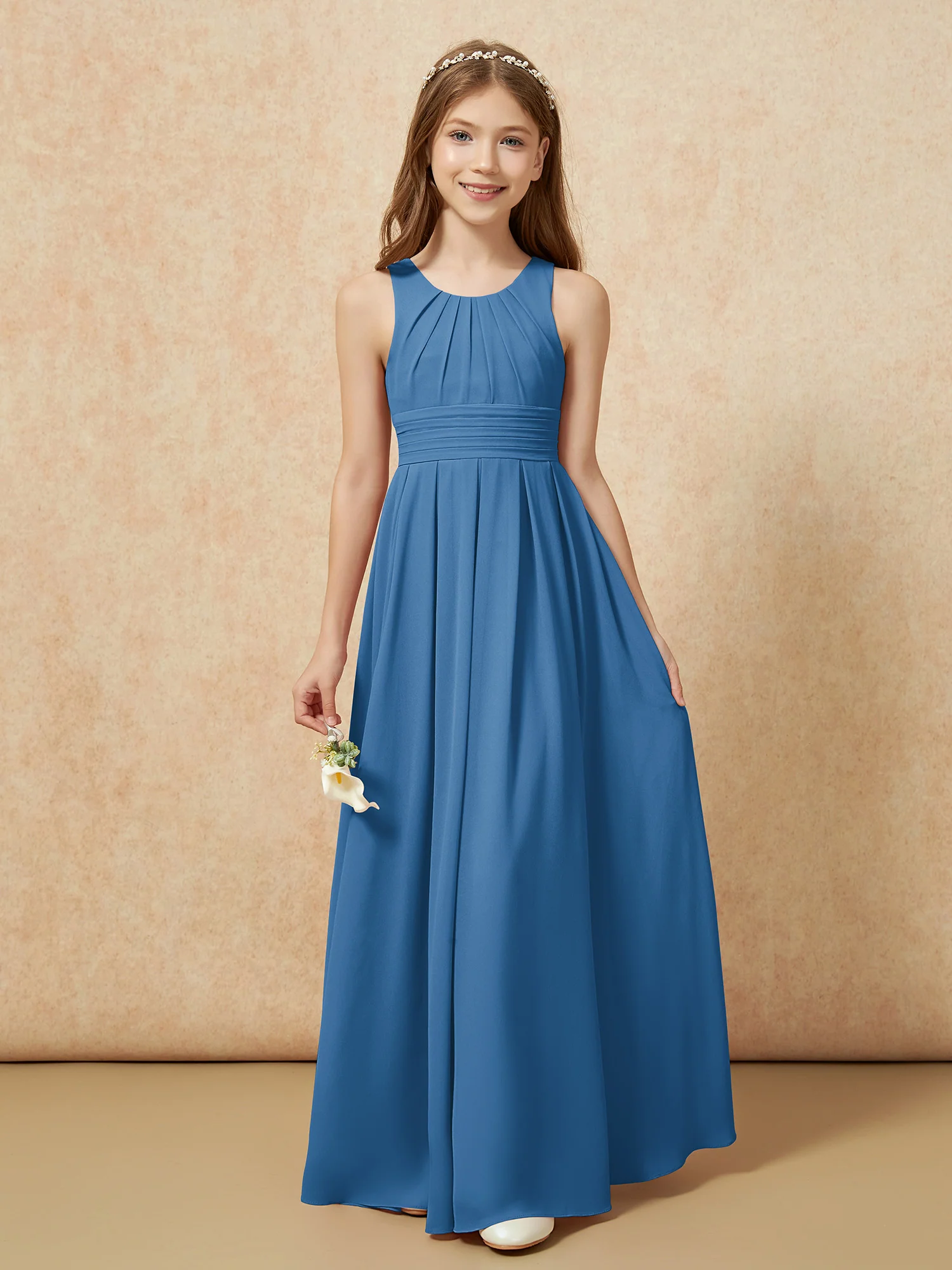 Scoop Neck Pleated Long Junior Bridesmaid Dresses Ink Blue - Image 5