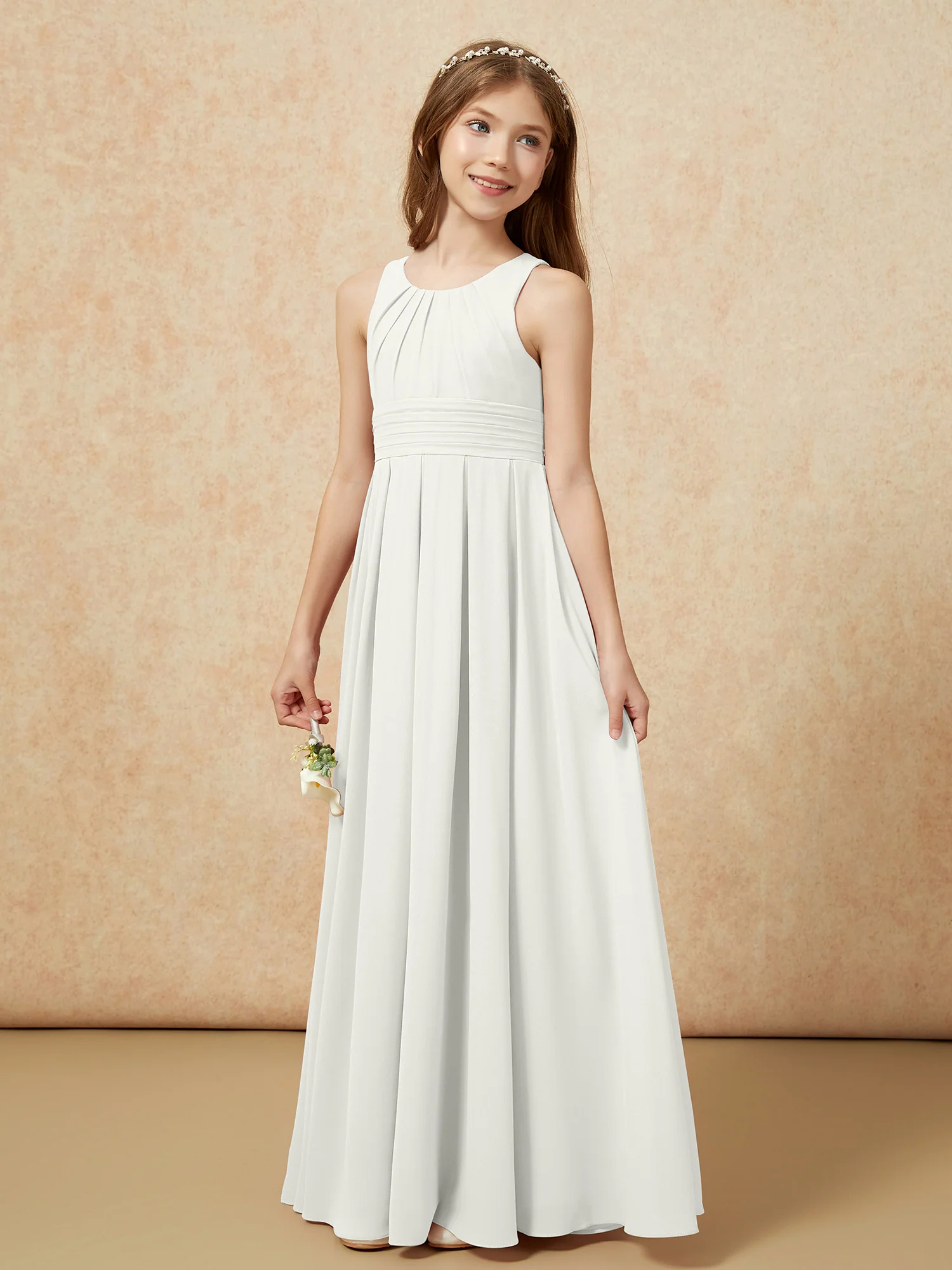 Scoop Neck Pleated Long Junior Bridesmaid Dresses Ivory - Image 3