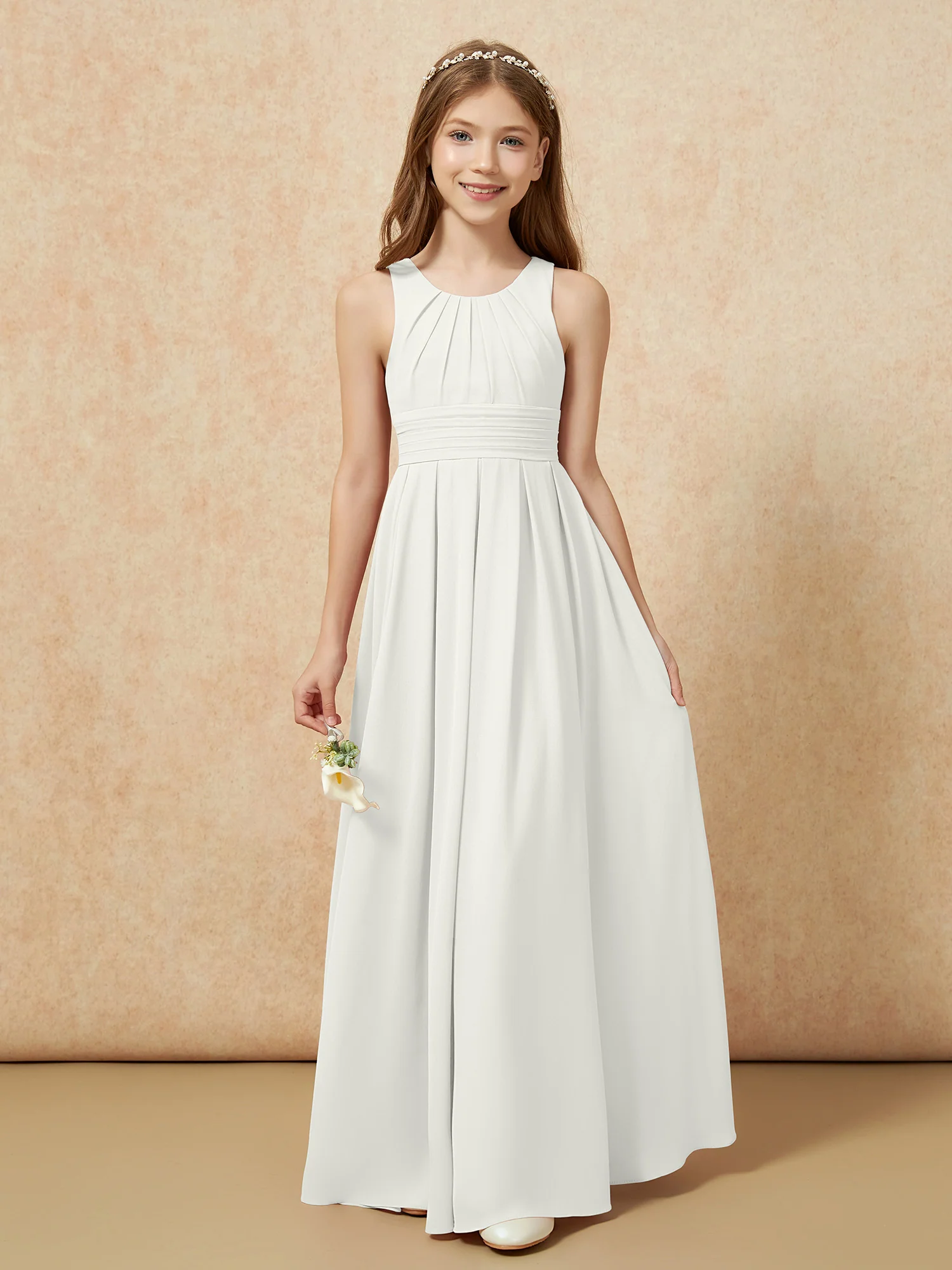 Scoop Neck Pleated Long Junior Bridesmaid Dresses Ivory - Image 5