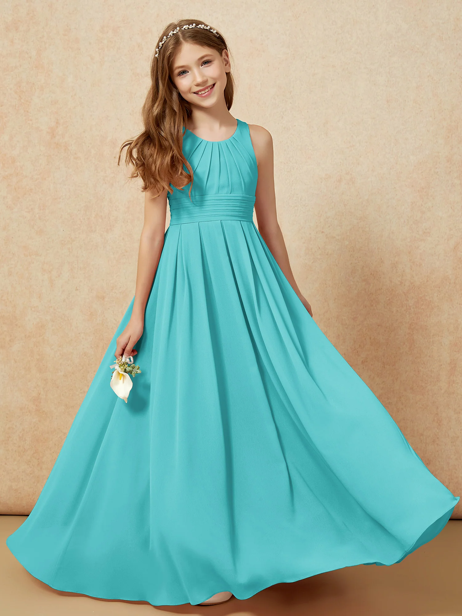 Scoop Neck Pleated Long Junior Bridesmaid Dresses Jade