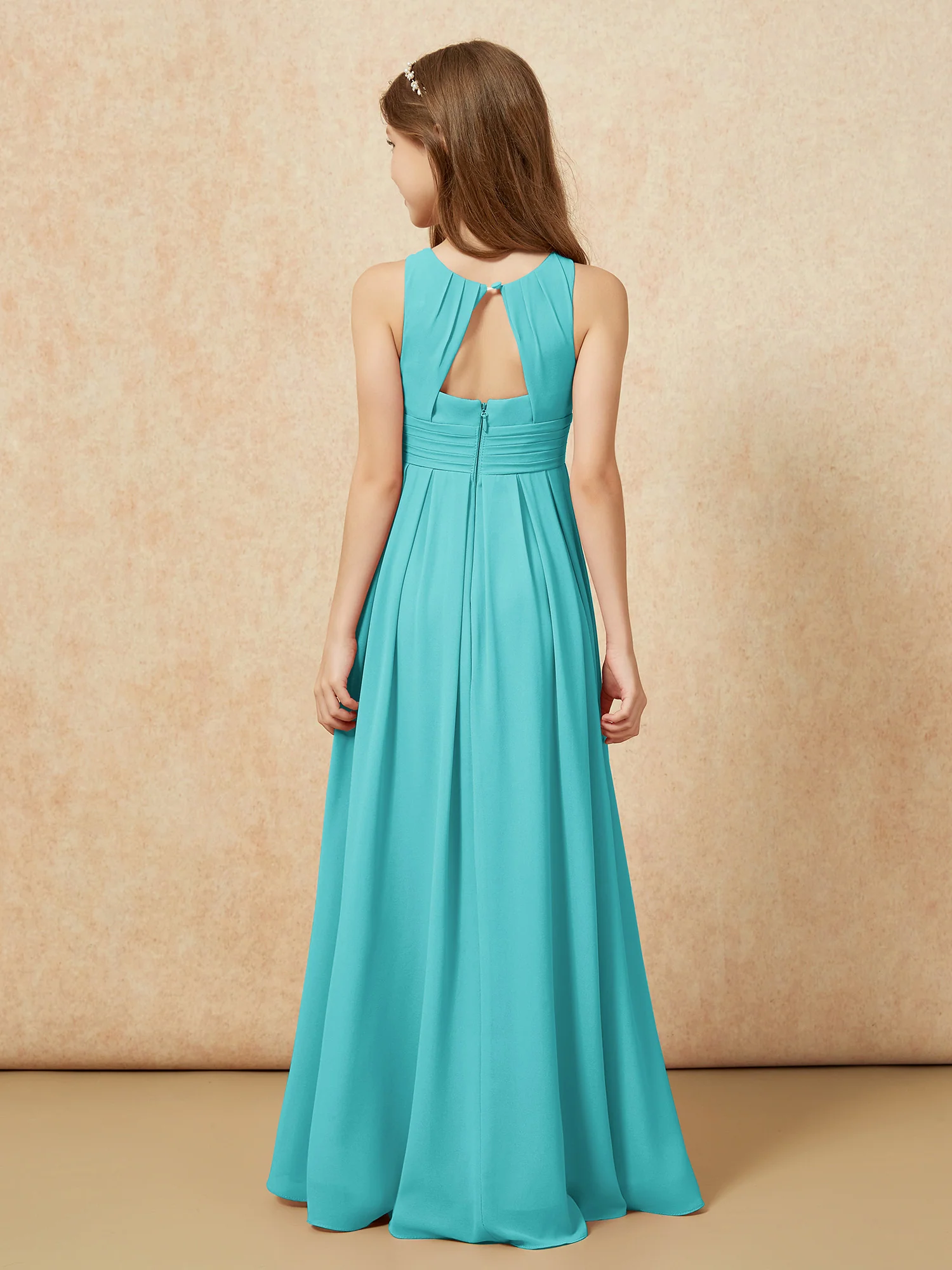 Scoop Neck Pleated Long Junior Bridesmaid Dresses Jade - Image 2