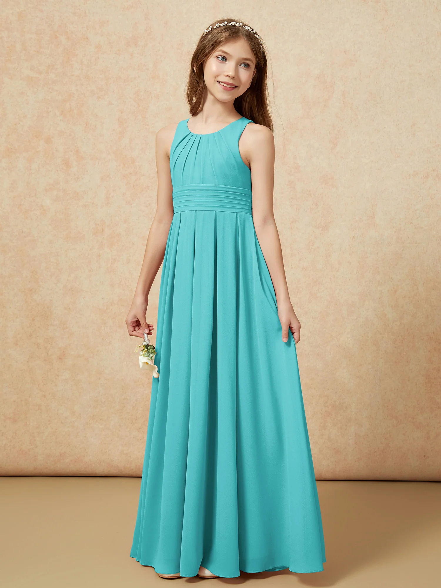Scoop Neck Pleated Long Junior Bridesmaid Dresses Jade - Image 3