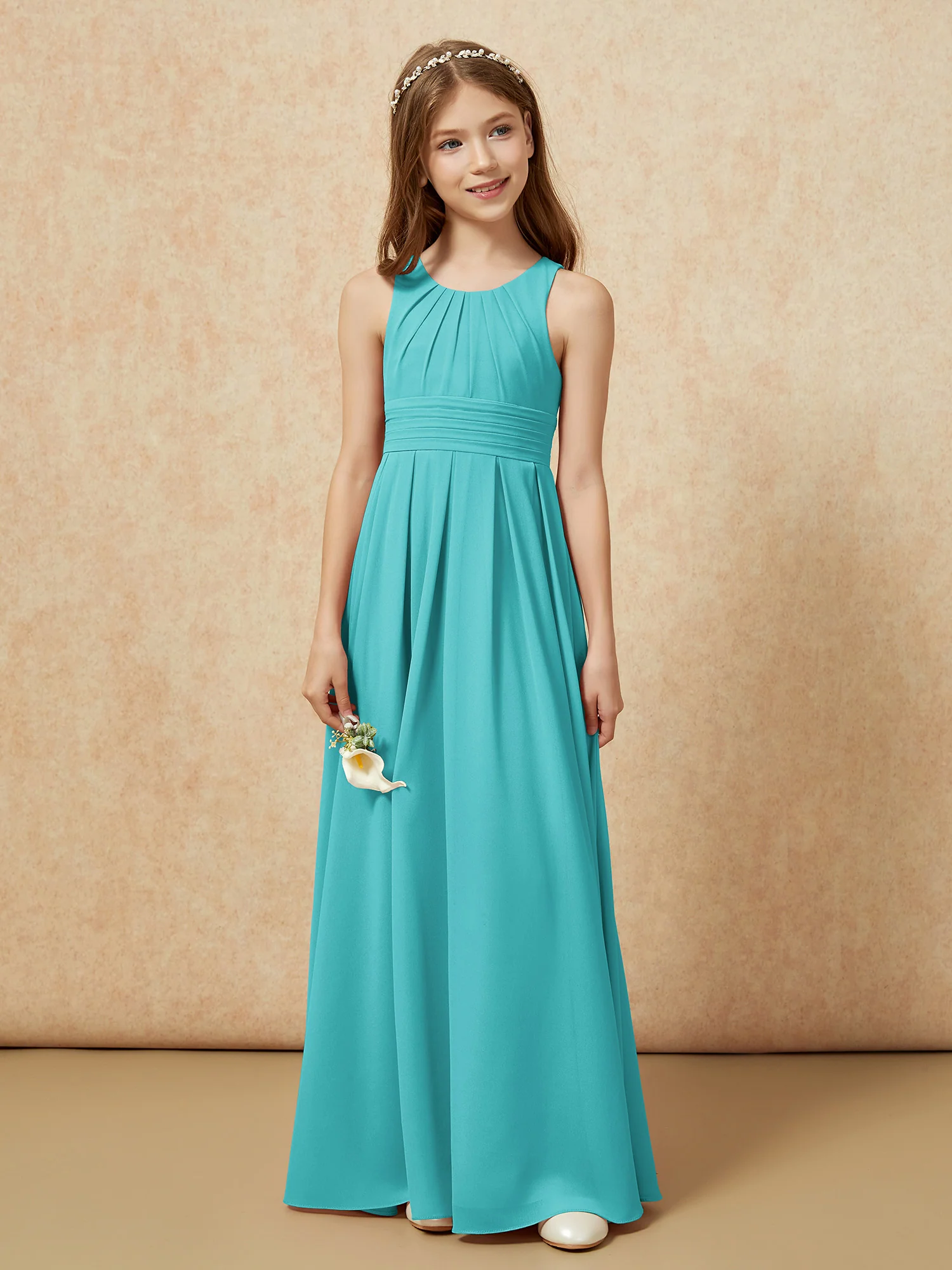 Scoop Neck Pleated Long Junior Bridesmaid Dresses Jade - Image 4