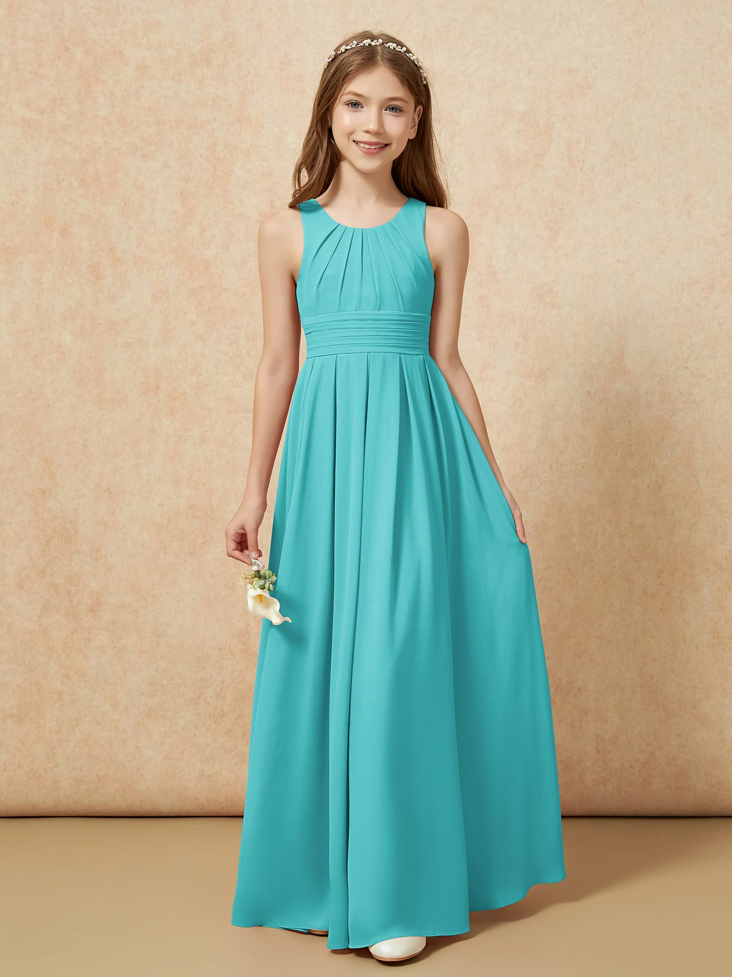 Scoop Neck Pleated Long Junior Bridesmaid Dresses Jade - Image 5